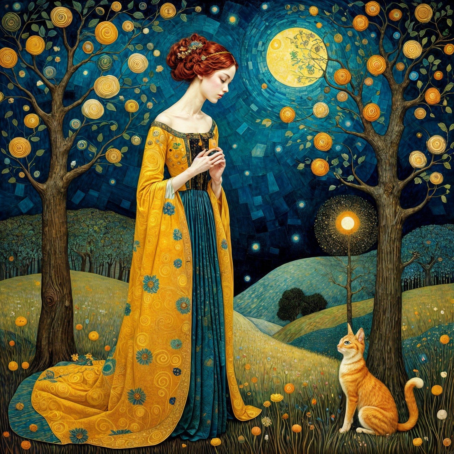Young Woman in Yellow Gown in Whimsical Landscape