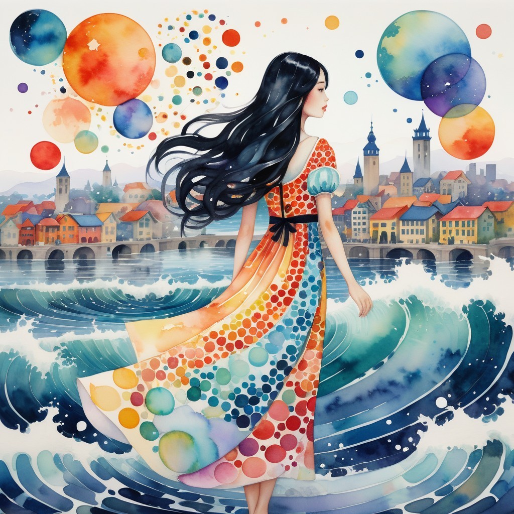 Woman in Colorful Dress by Ocean with Bubbles
