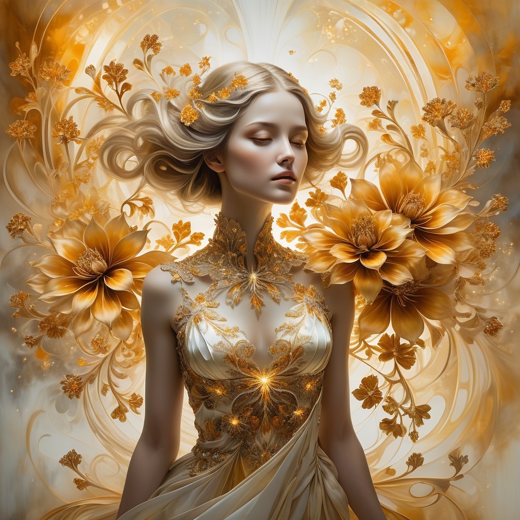 Elegant figure in luxurious gown with golden flowers