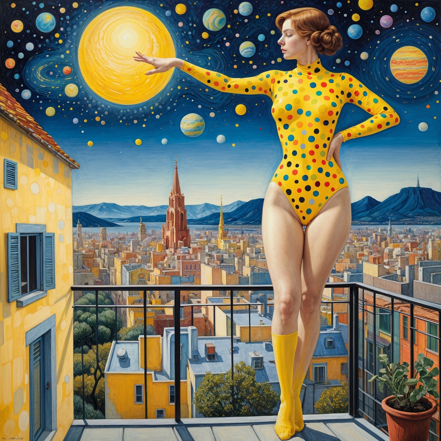 Surreal Scene with Woman in Yellow Polka-Dots on Balcony