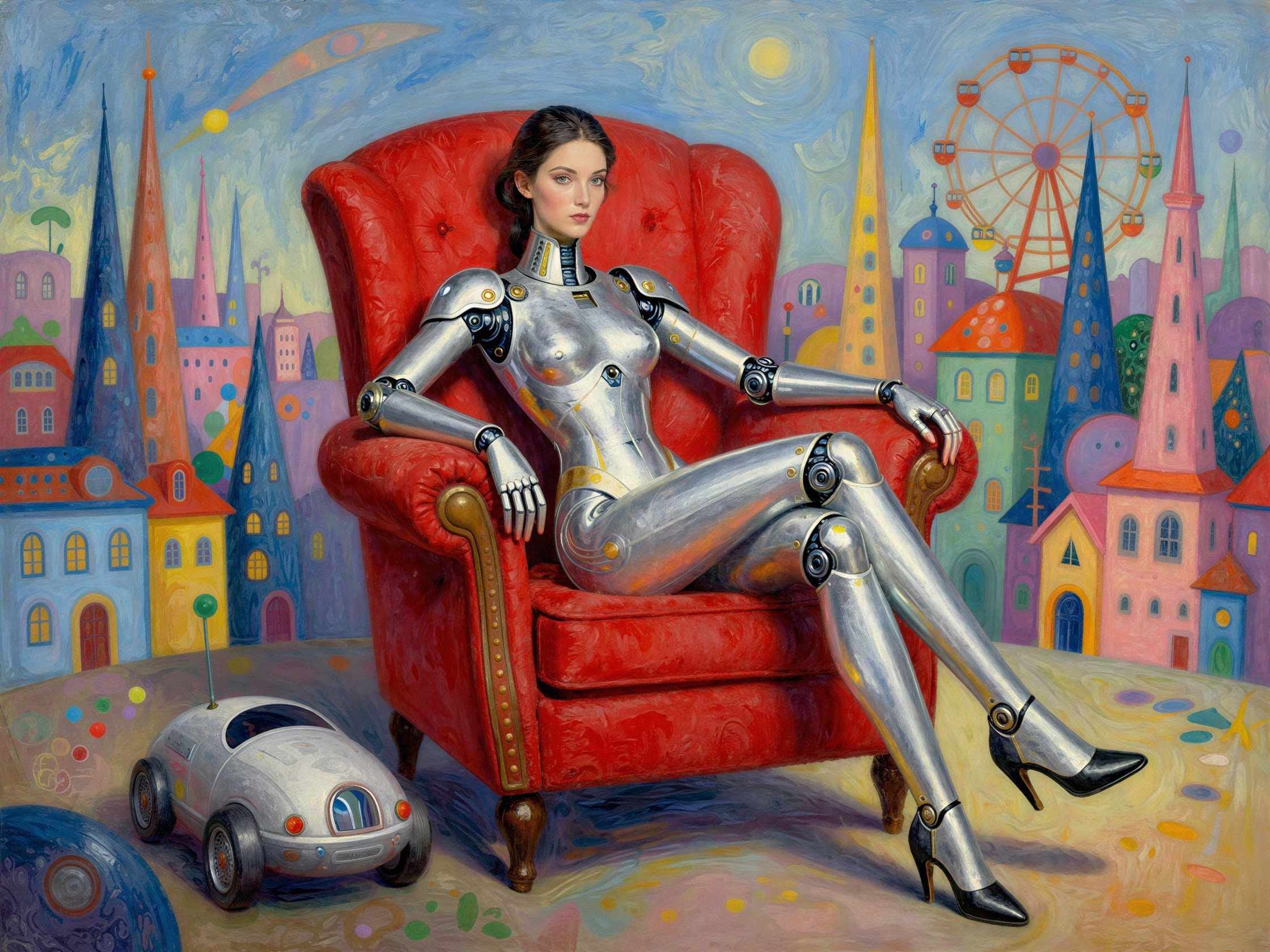 Surreal Painting of a Robot Woman in Cartoon City