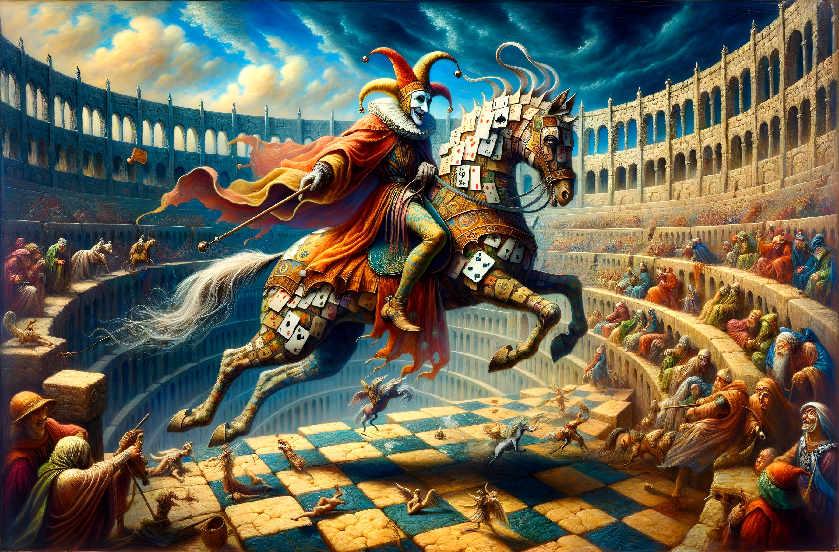 Jester on Horse Above Coliseum with Colorful Atmosphere