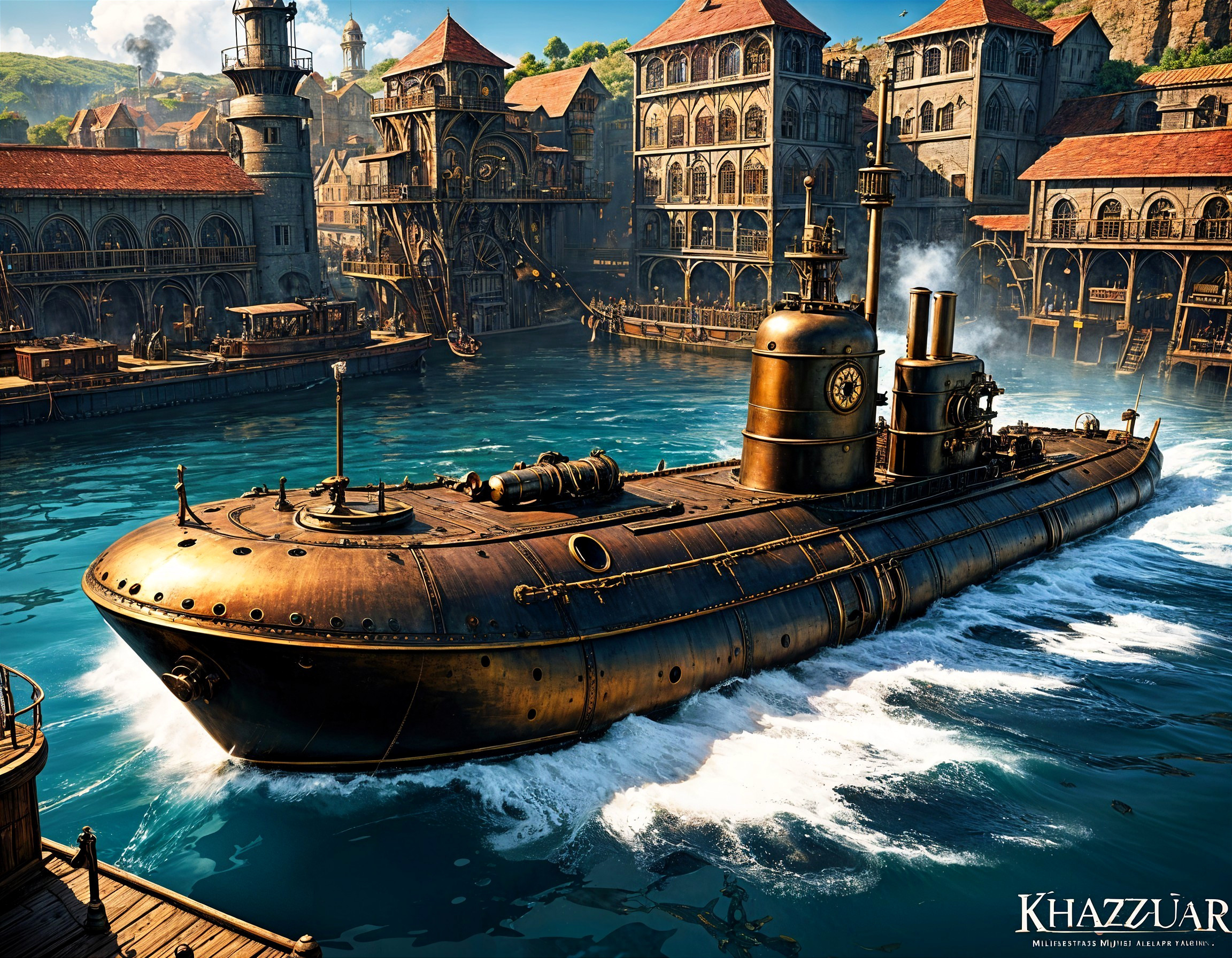 Steampunk Submarine in Vibrant Coastal Setting