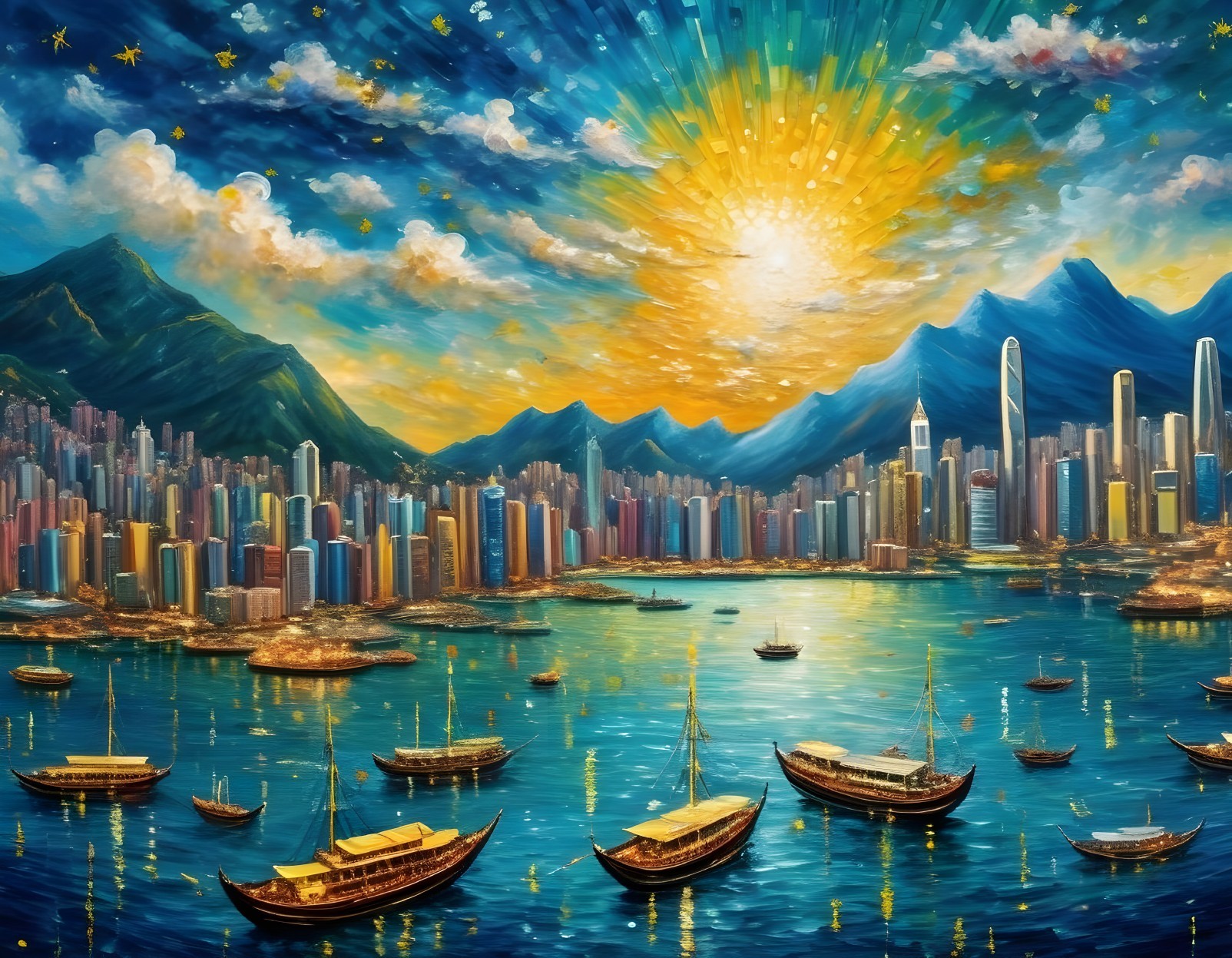Vibrant Sunset Over City Skyline with Mountains