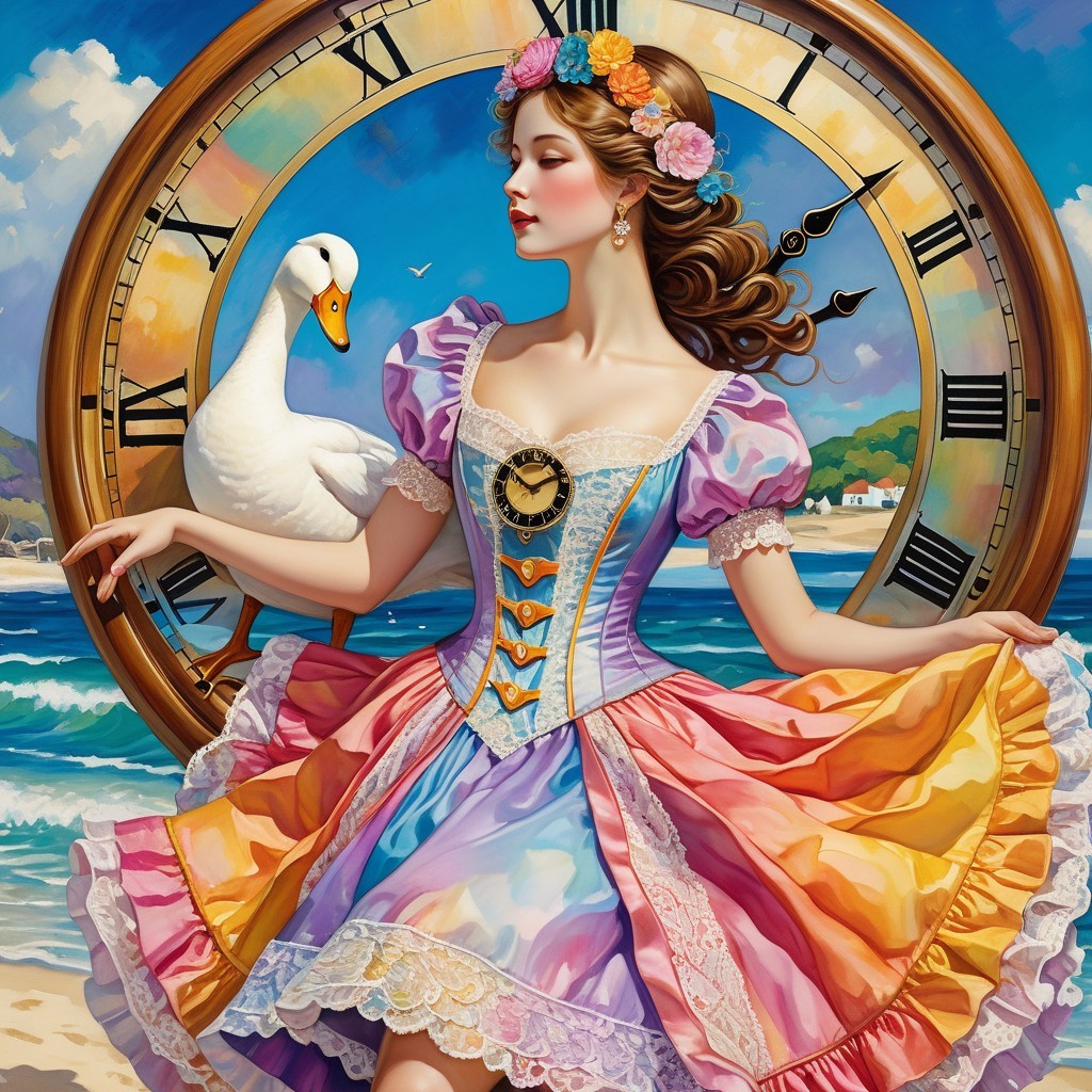 Young Woman in Colorful Gown by Shore with Swan