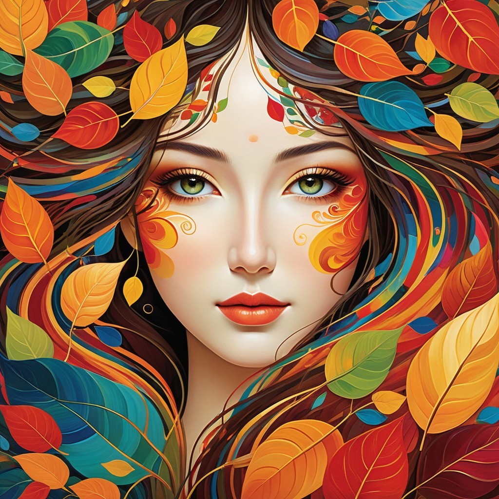 Woman with Autumn Leaves and Artistic Swirls