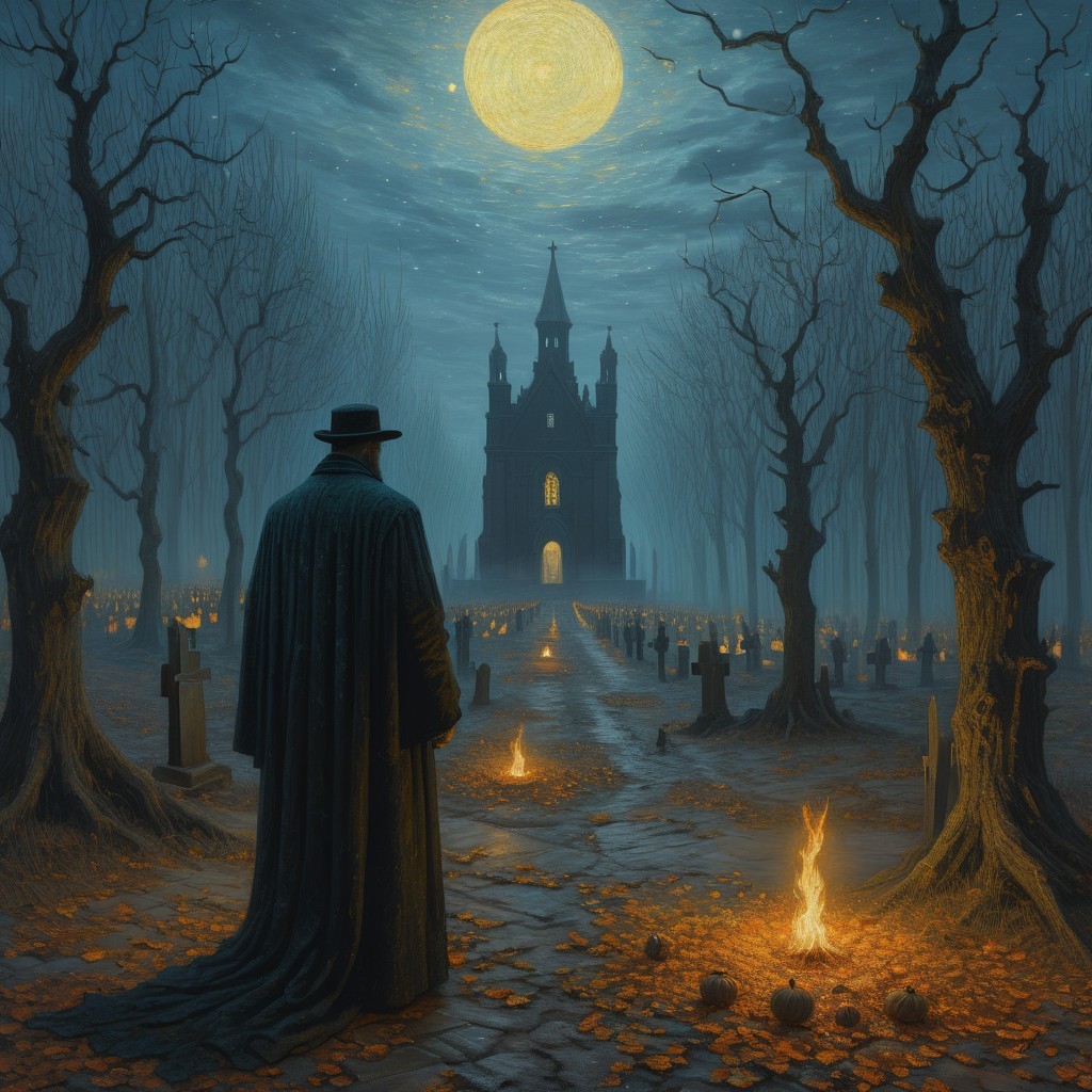 Solitary Figure Before Gothic Castle at Night