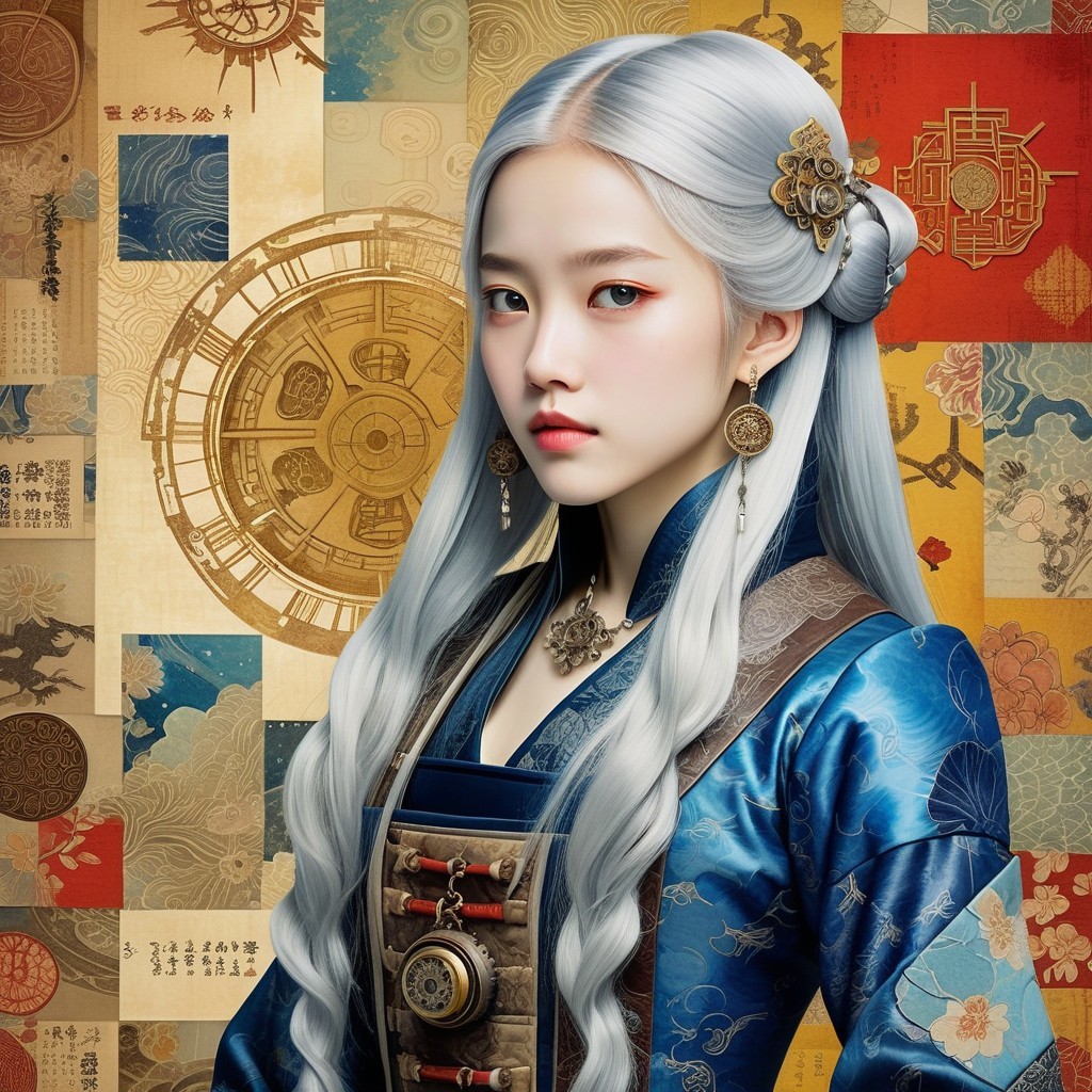 Young woman in blue gown with silver hair and patterns