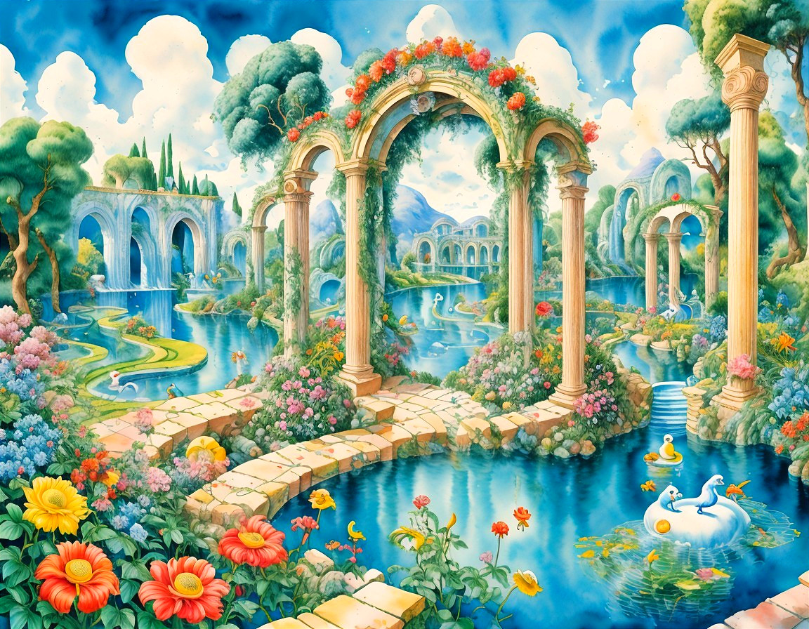 Vibrant Dreamy Landscape with Water Features and Wildlife