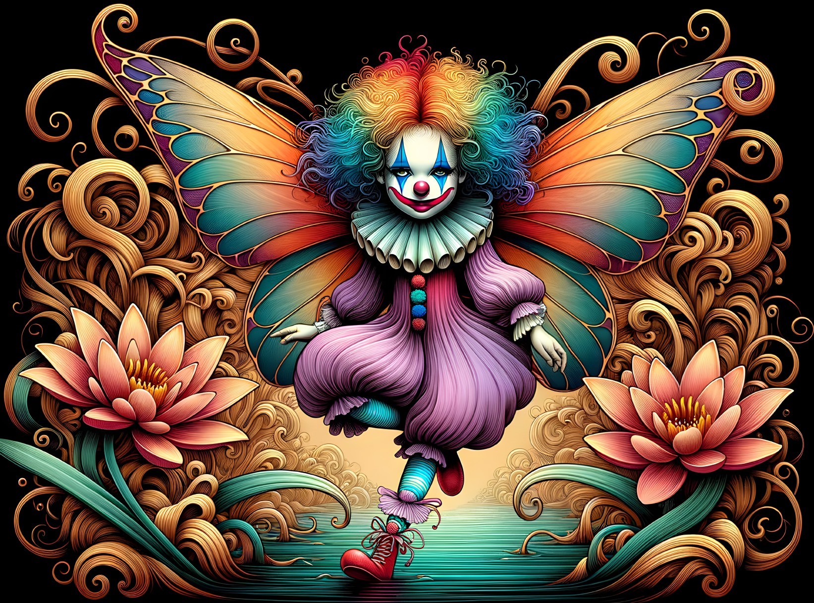 Whimsical Clown with Butterfly Wings Above Water Lilies