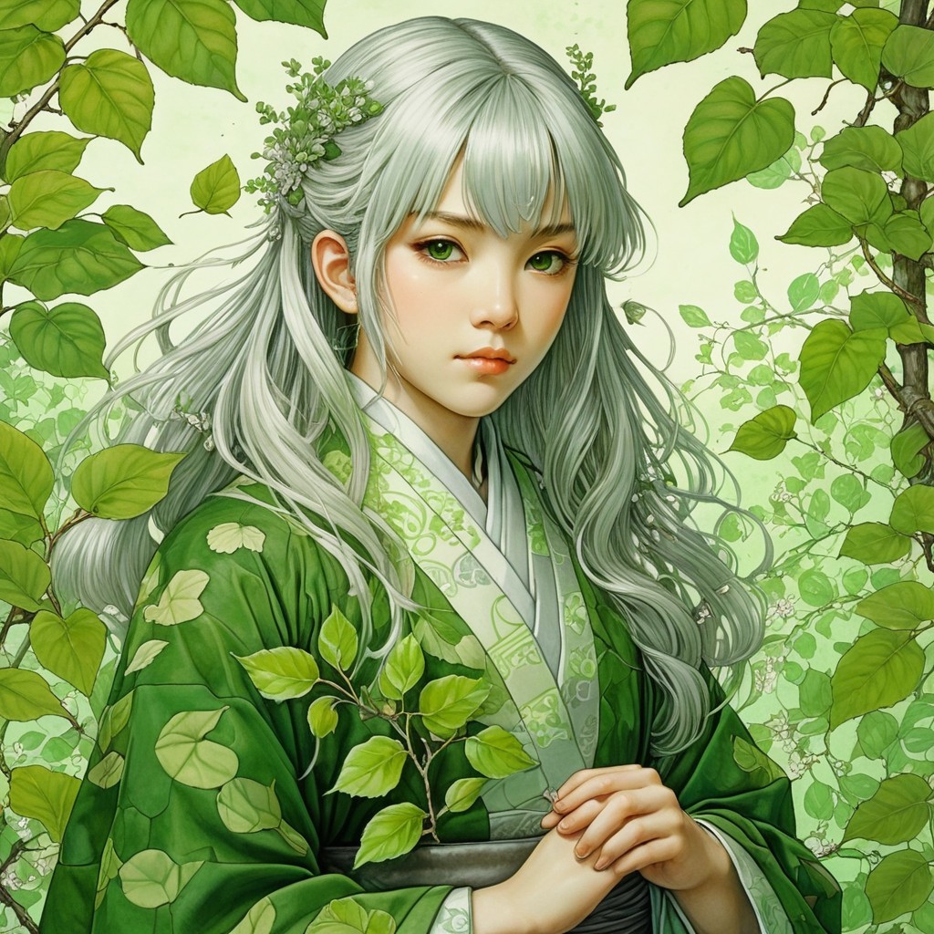 Serene Woman in Green Kimono Surrounded by Nature