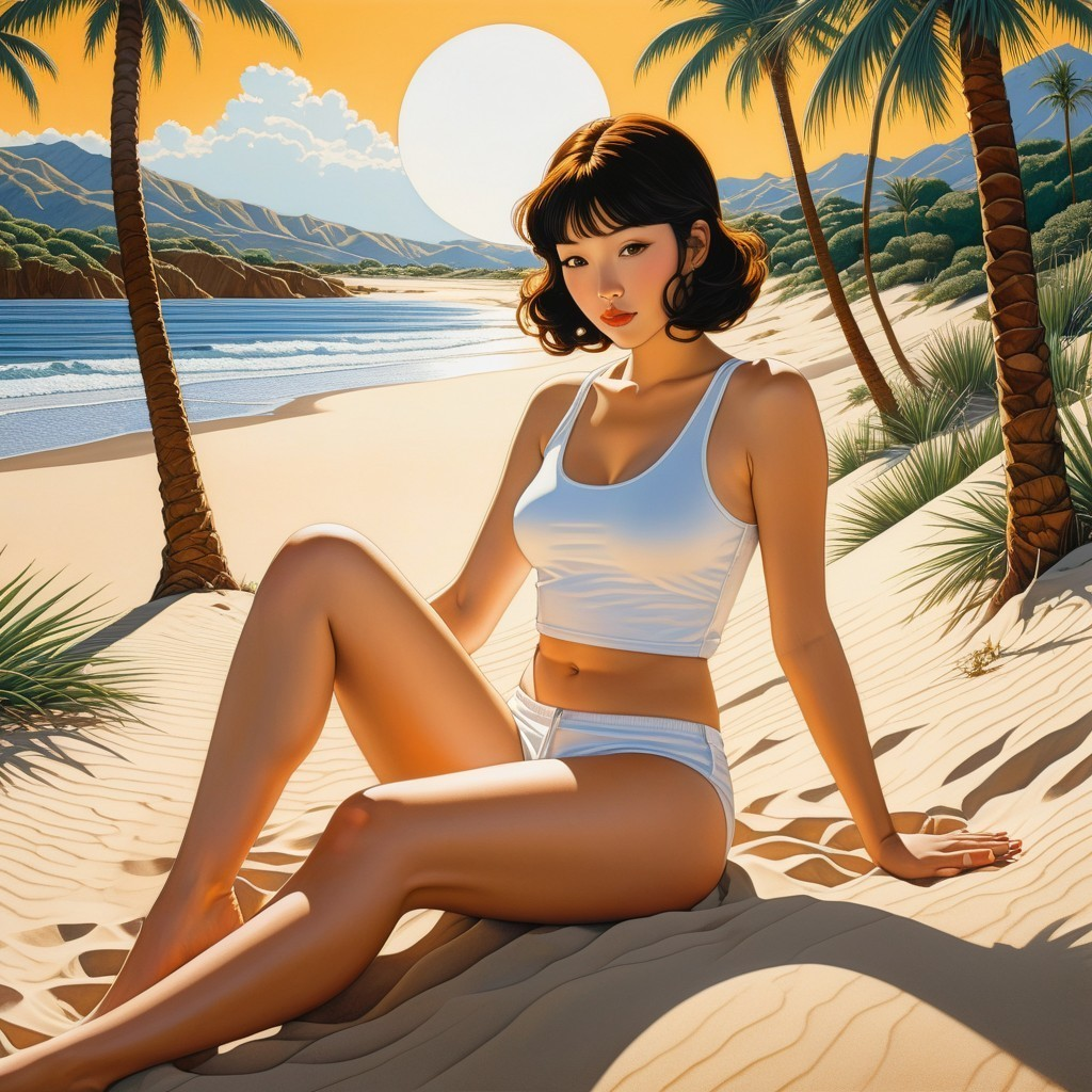 Young woman on beach at sunset with palm trees