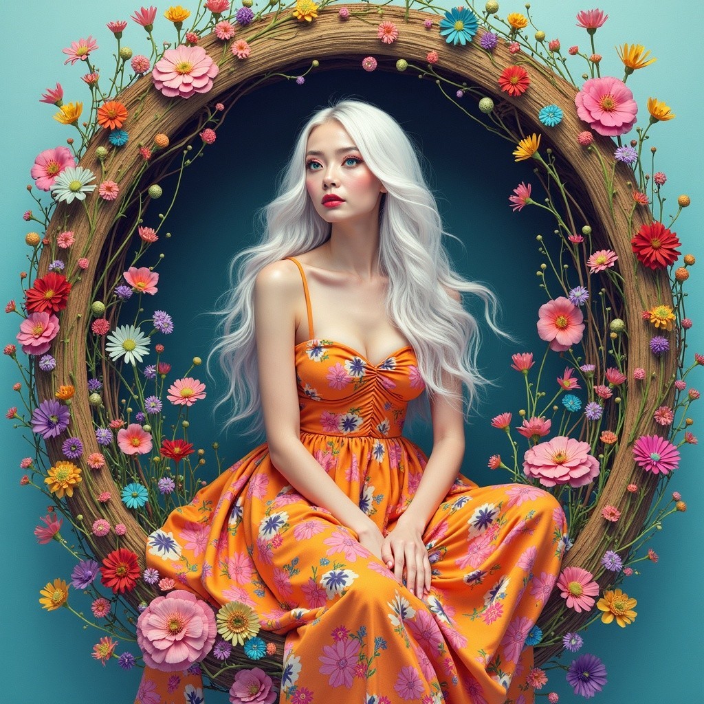 Elegant Woman in Floral Dress Surrounded by Flowers