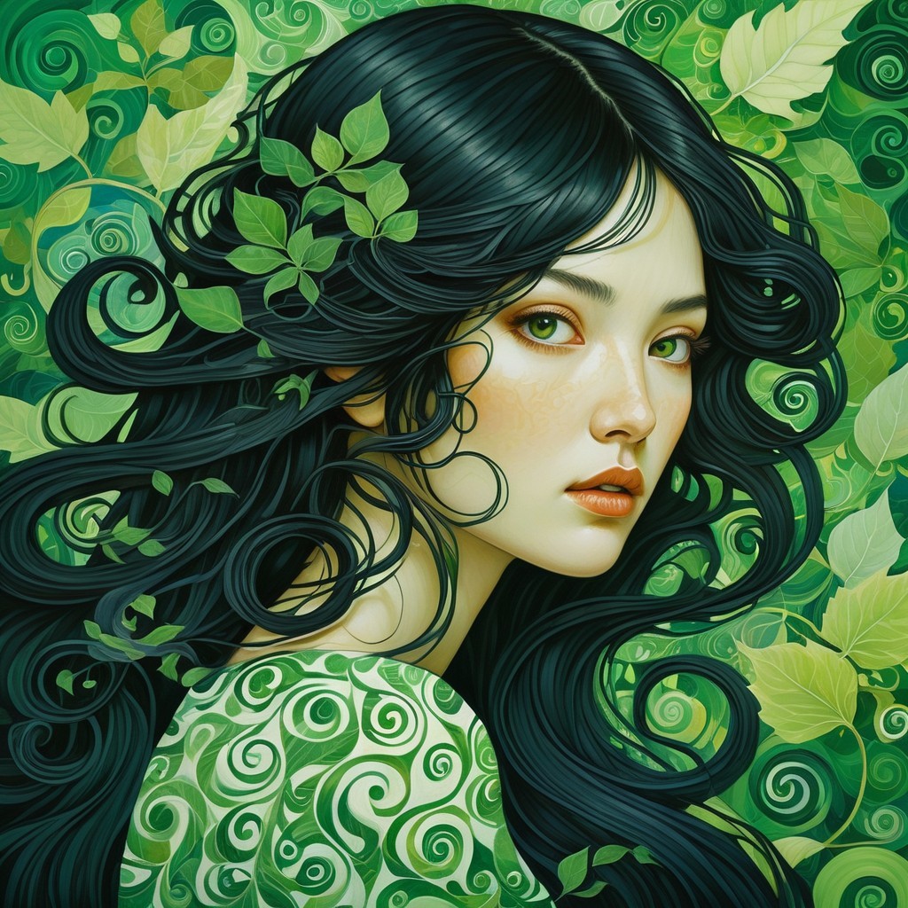 Ethereal Woman with Black Hair and Green Eyes in Nature