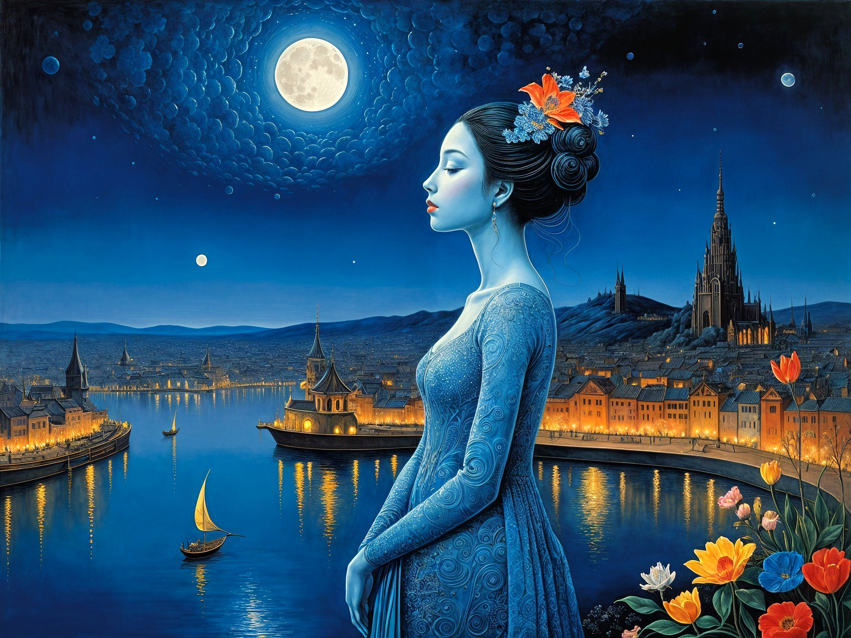 Woman in Blue Gown by Moonlit River Landscape