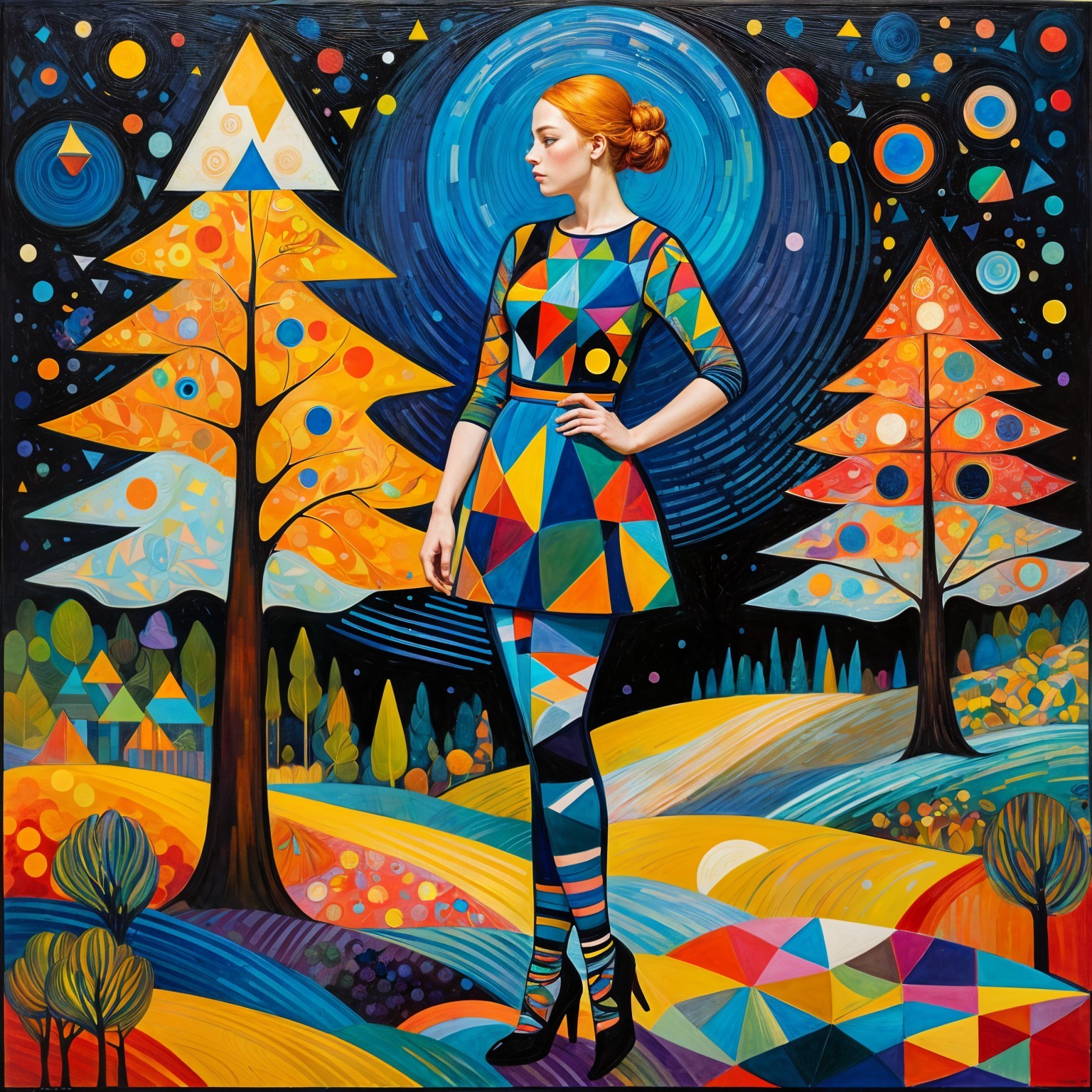 Vibrant Artwork of Woman in Geometric Dress and Trees