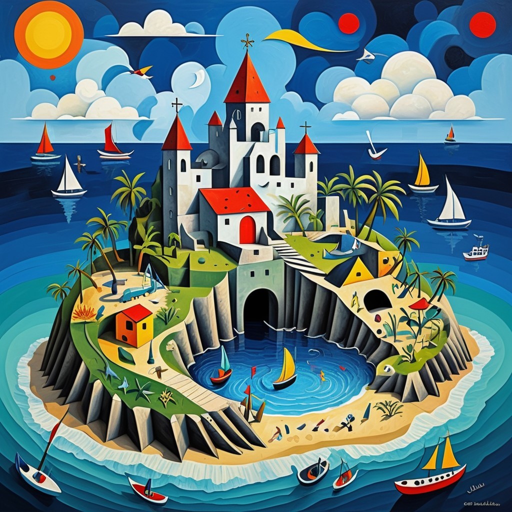 Whimsical Castle Illustration on a Lush Island