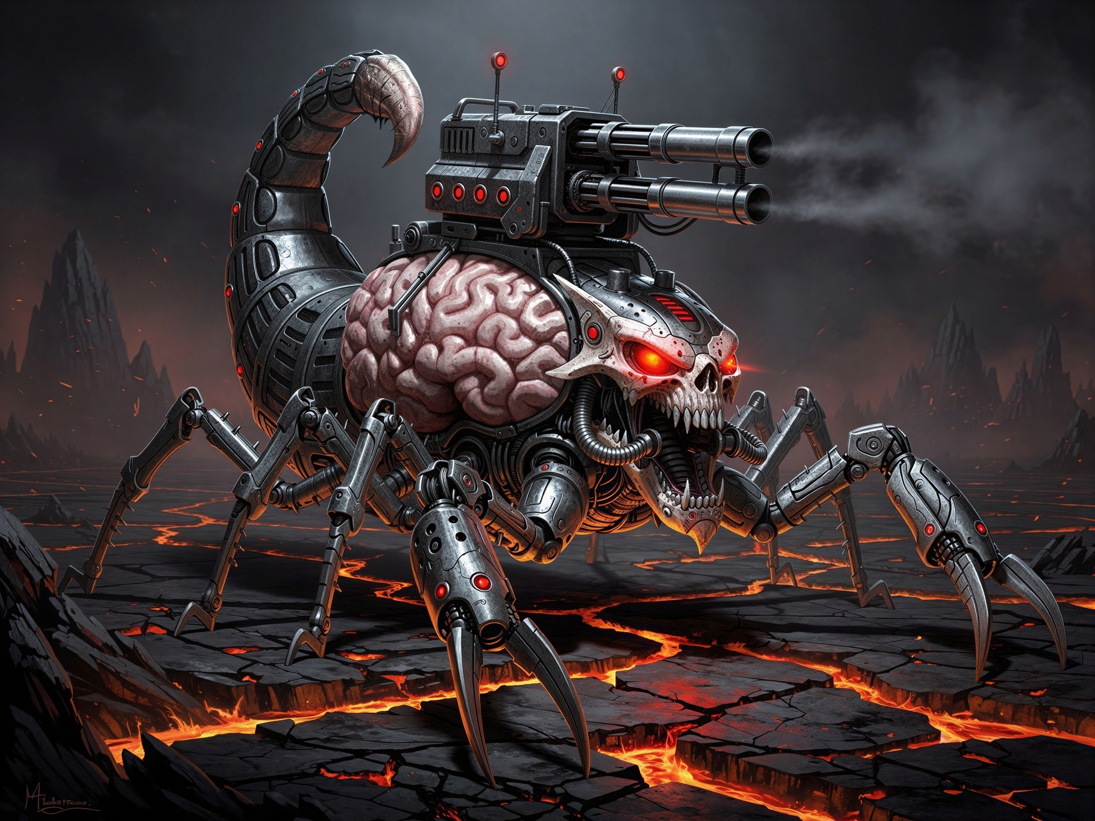 Futuristic robotic scorpion with glowing eyes and lava