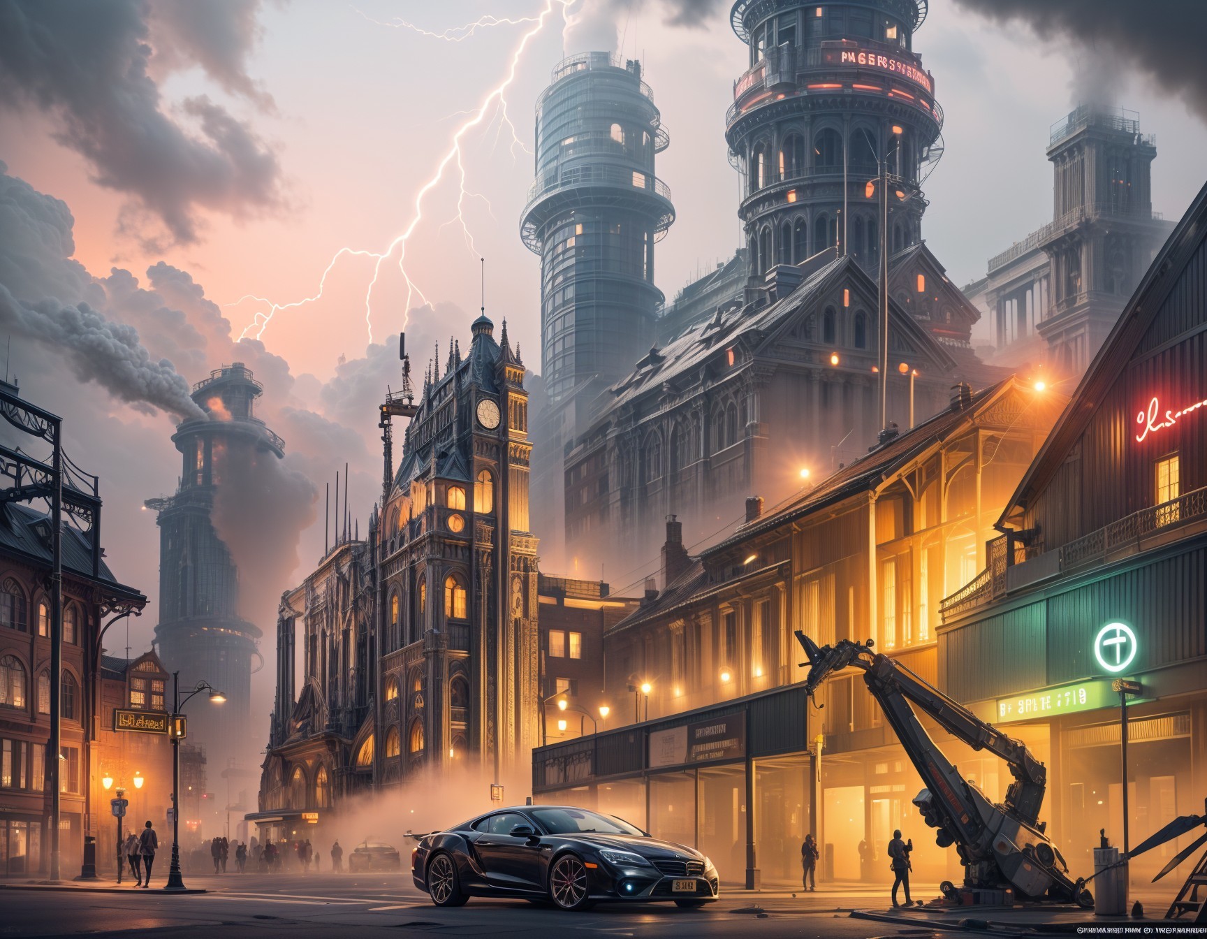 Futuristic cityscape with industrial skyline and fog