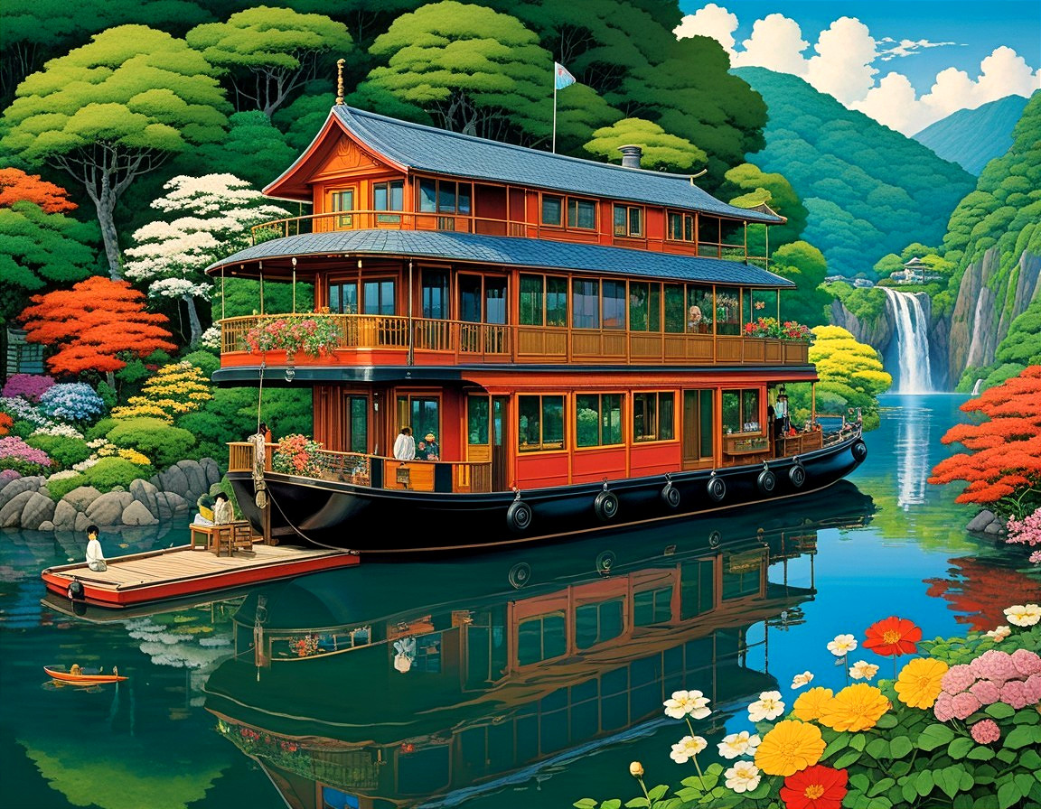 Vibrant Houseboat by Serene Lake with Waterfall