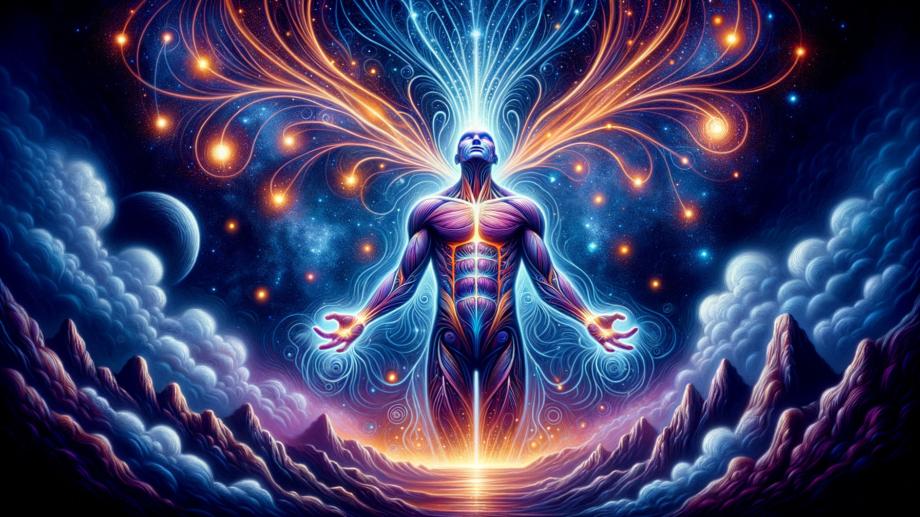 Cosmic Scene with Ethereal Figure and Vibrant Landscape