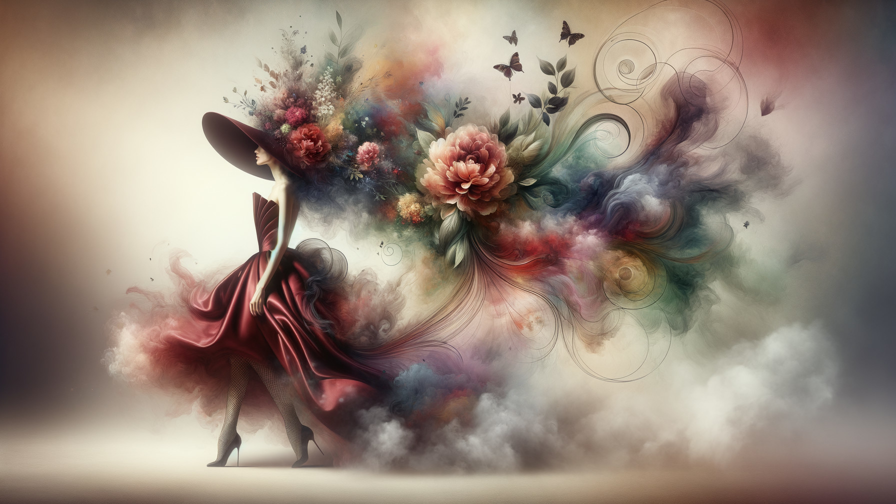 Elegant figure in red dress with colorful backdrop