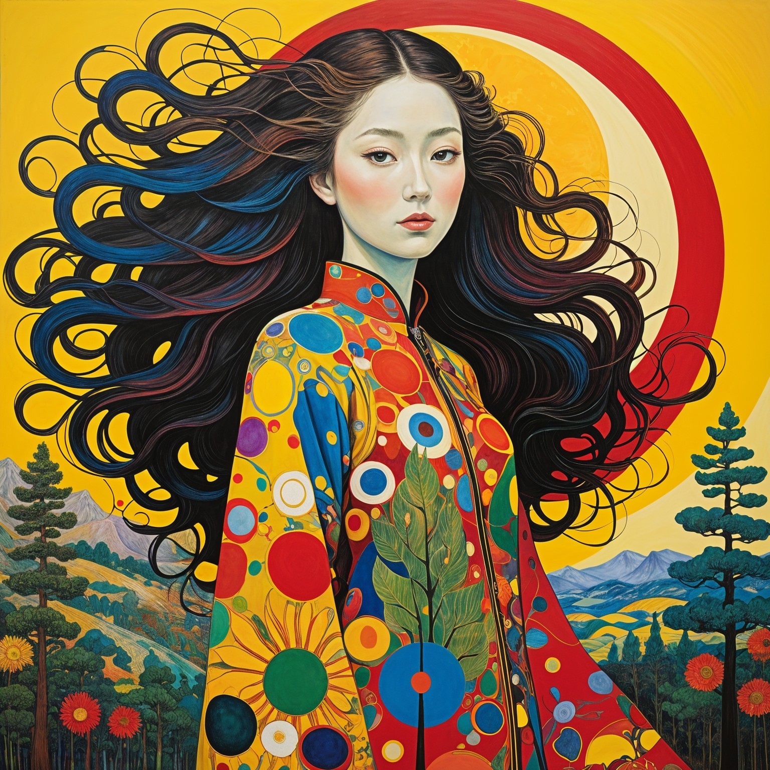 Young woman in vibrant coat against yellow background
