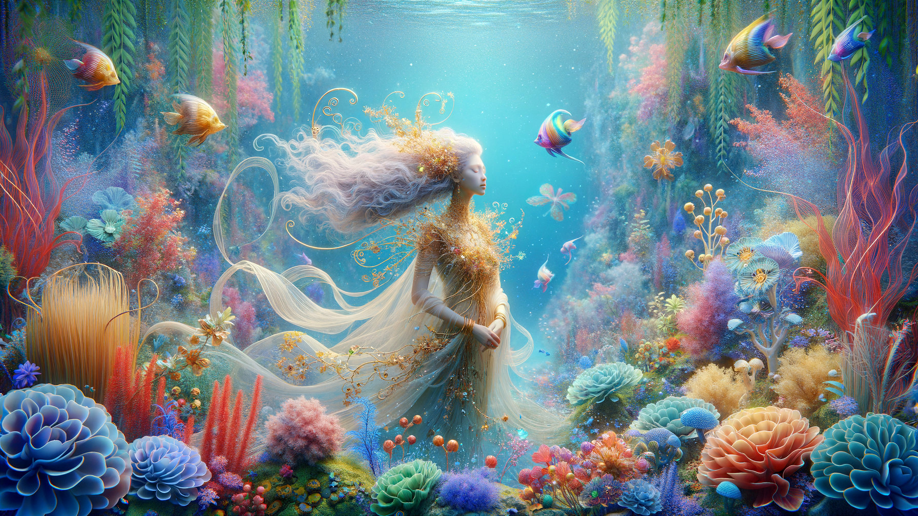 Mystical Underwater Scene with Serene Figure and Coral