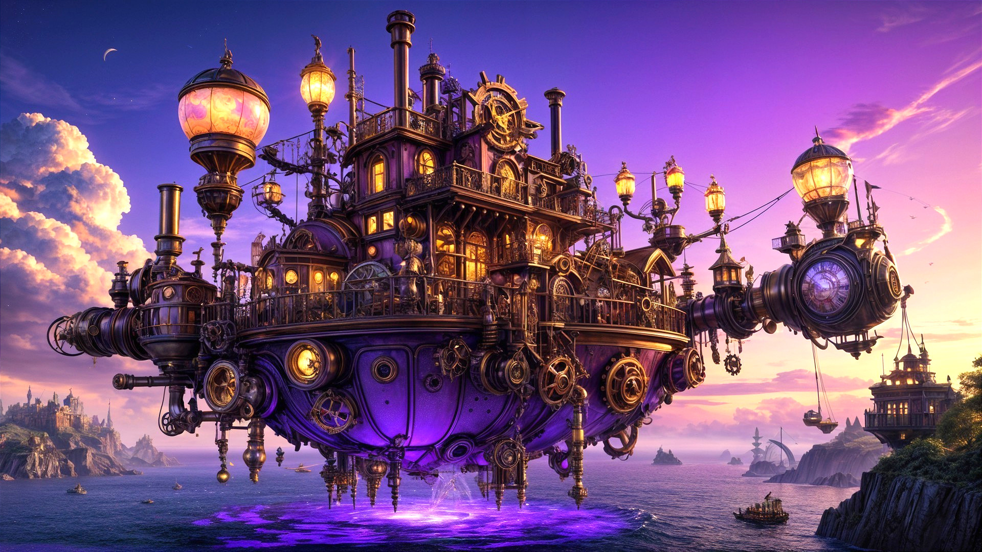 Steampunk Airship Over Shimmering Twilight Sea