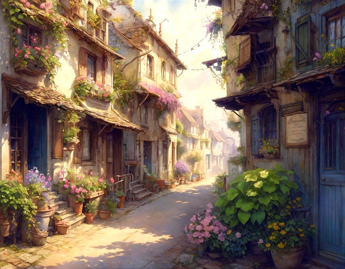 Charming Sunlit Street in a Quaint Village Setting