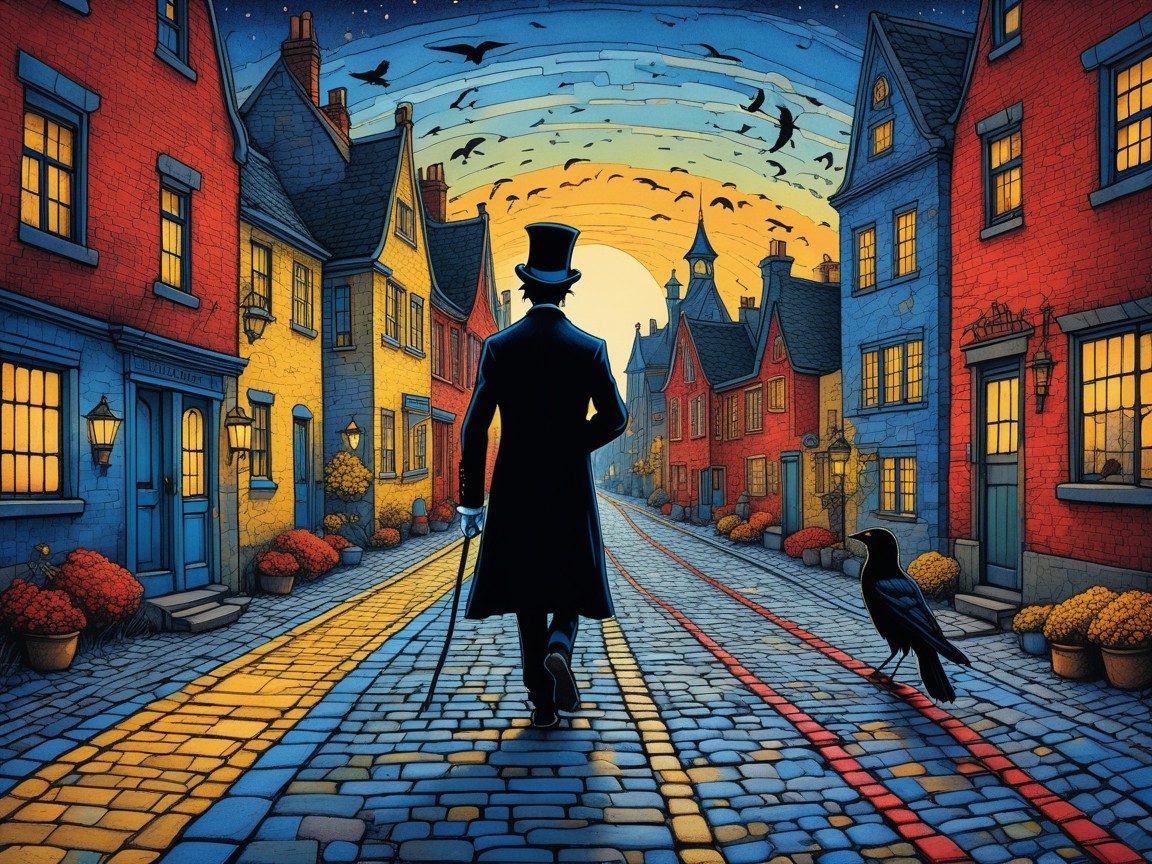 Mysterious Figure in Top Hat on Cobblestone Street