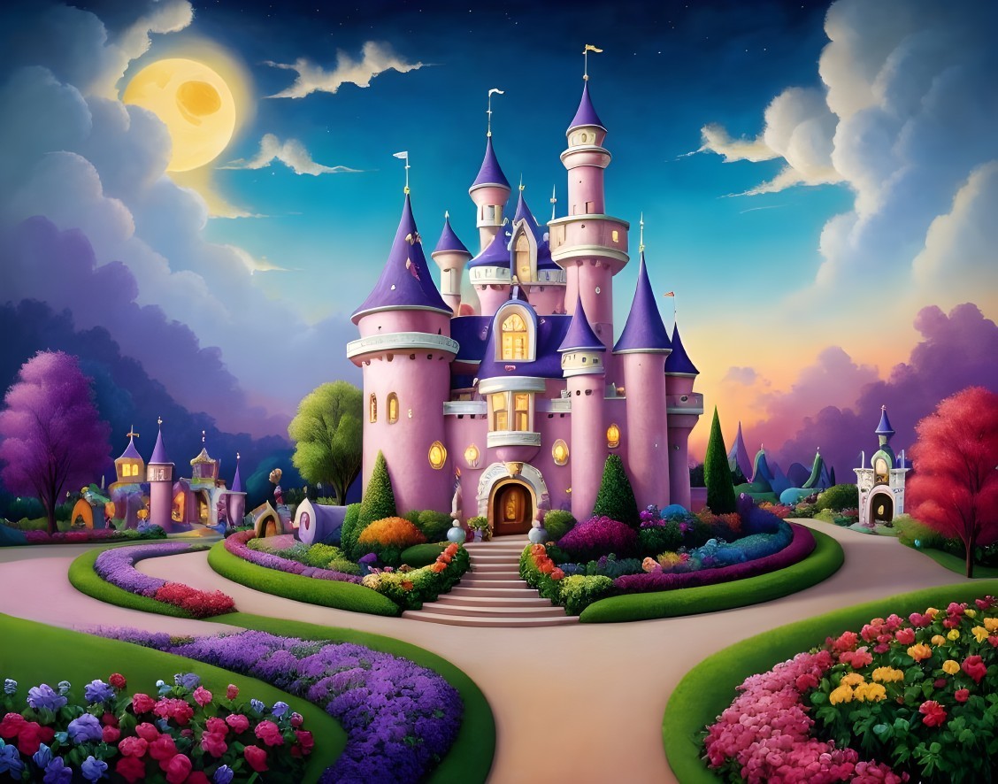 Whimsical Pink Castle Surrounded by Lush Gardens