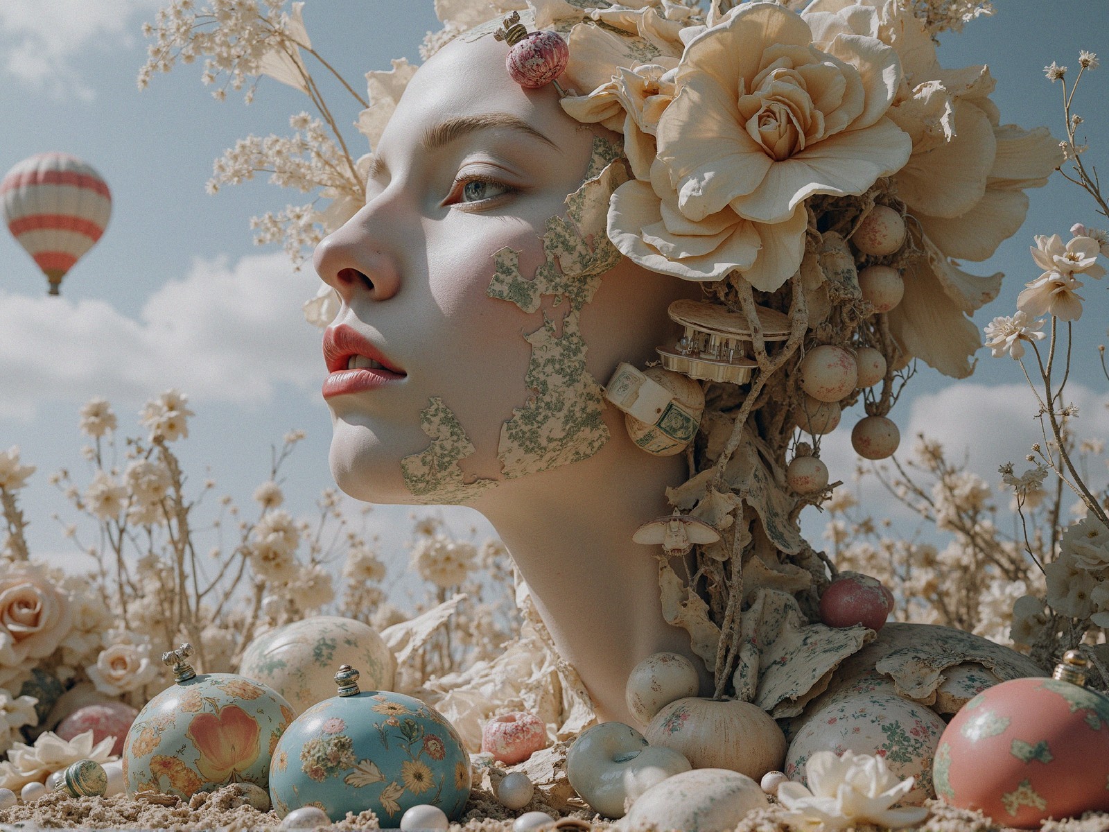 Surreal Mannequin Head Surrounded by Flowers and Balloons
