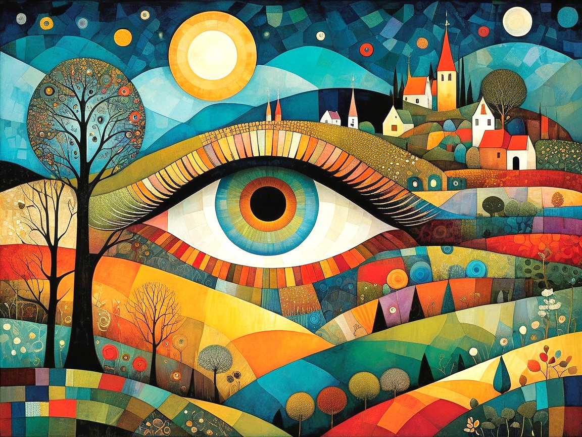 Large Stylized Eye Surrounded by Colorful Landscapes