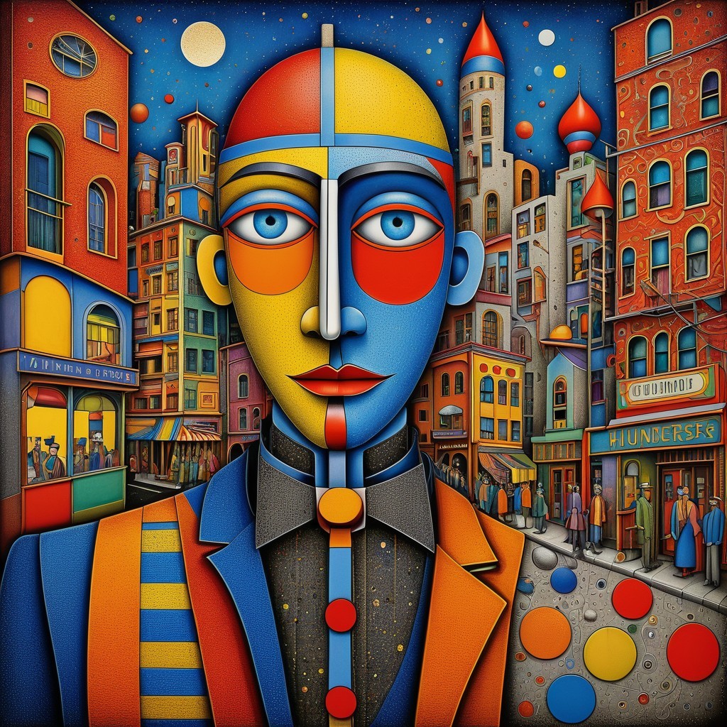 Colorful Abstract Portrait with Whimsical Cityscape
