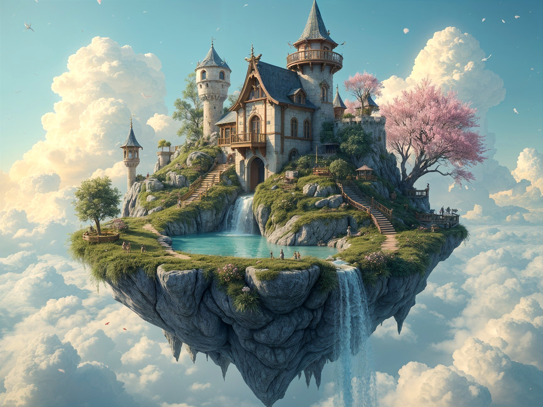 Whimsical Floating Island with Castle and Cherry Blossoms