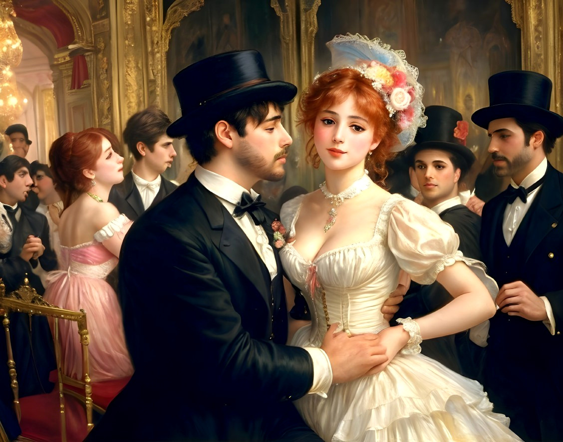 Elegant Ballroom Scene with Romantic Couple Embrace