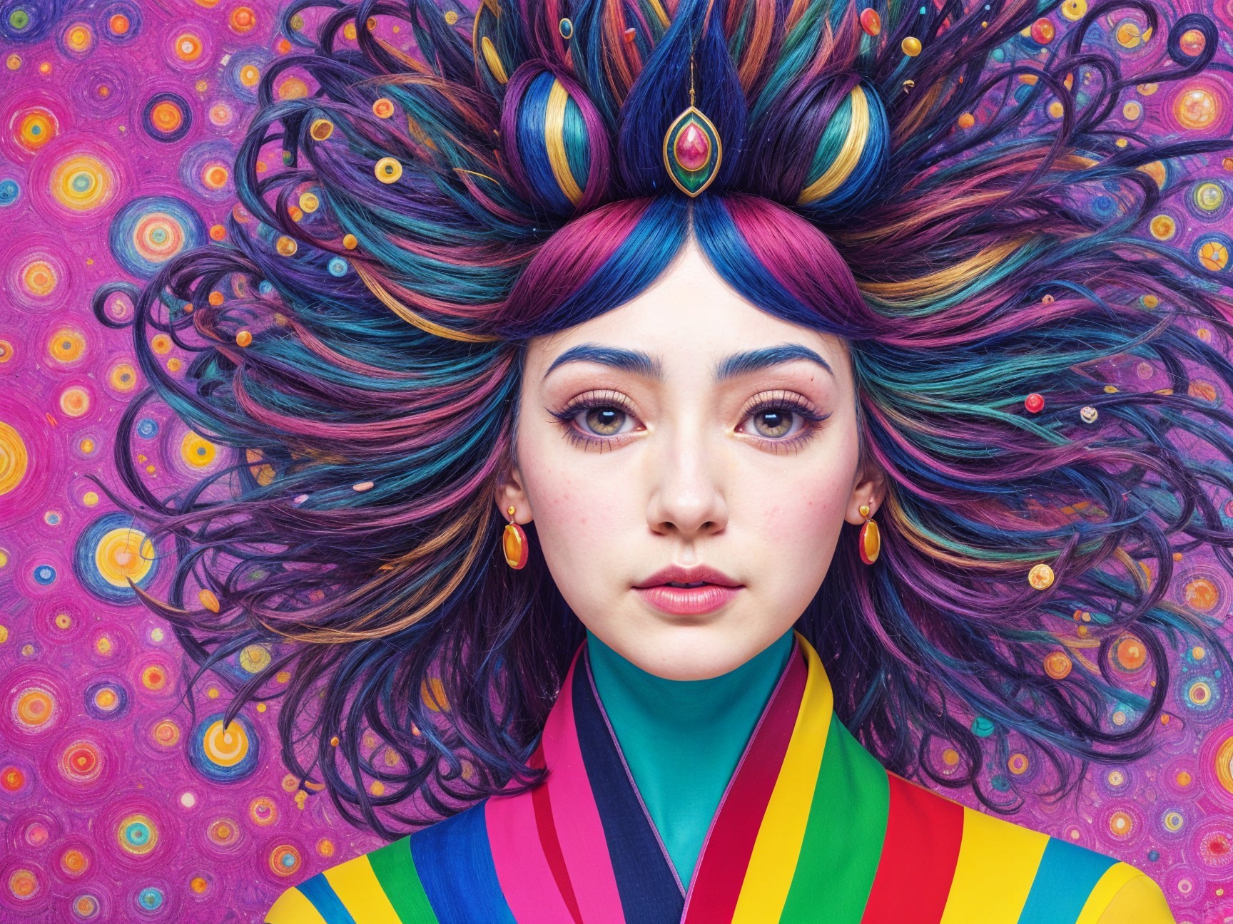 Multicolored Hair and Bold Patterns in Artistic Portrait