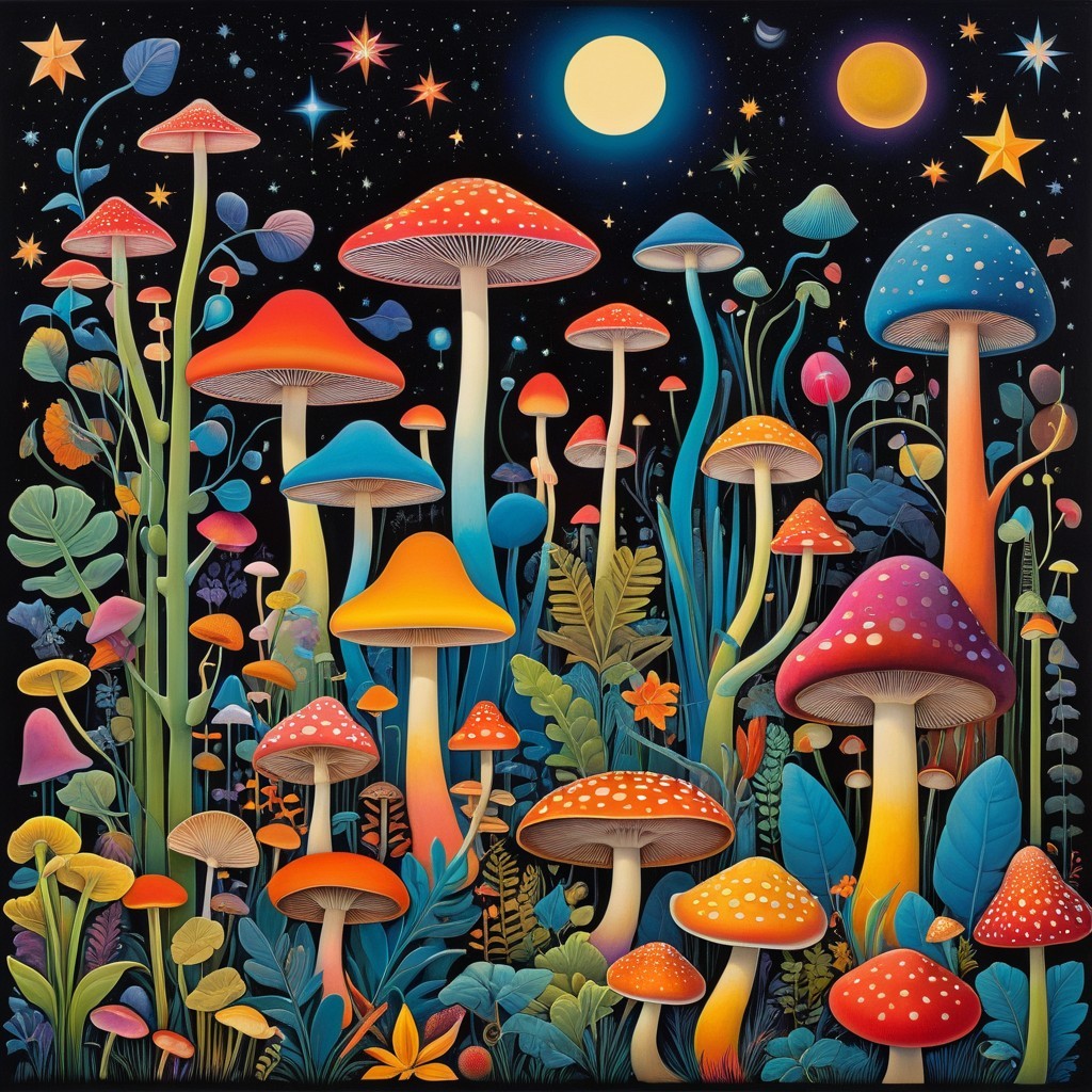 Vibrant Forest Scene with Colorful Mushrooms and Stars