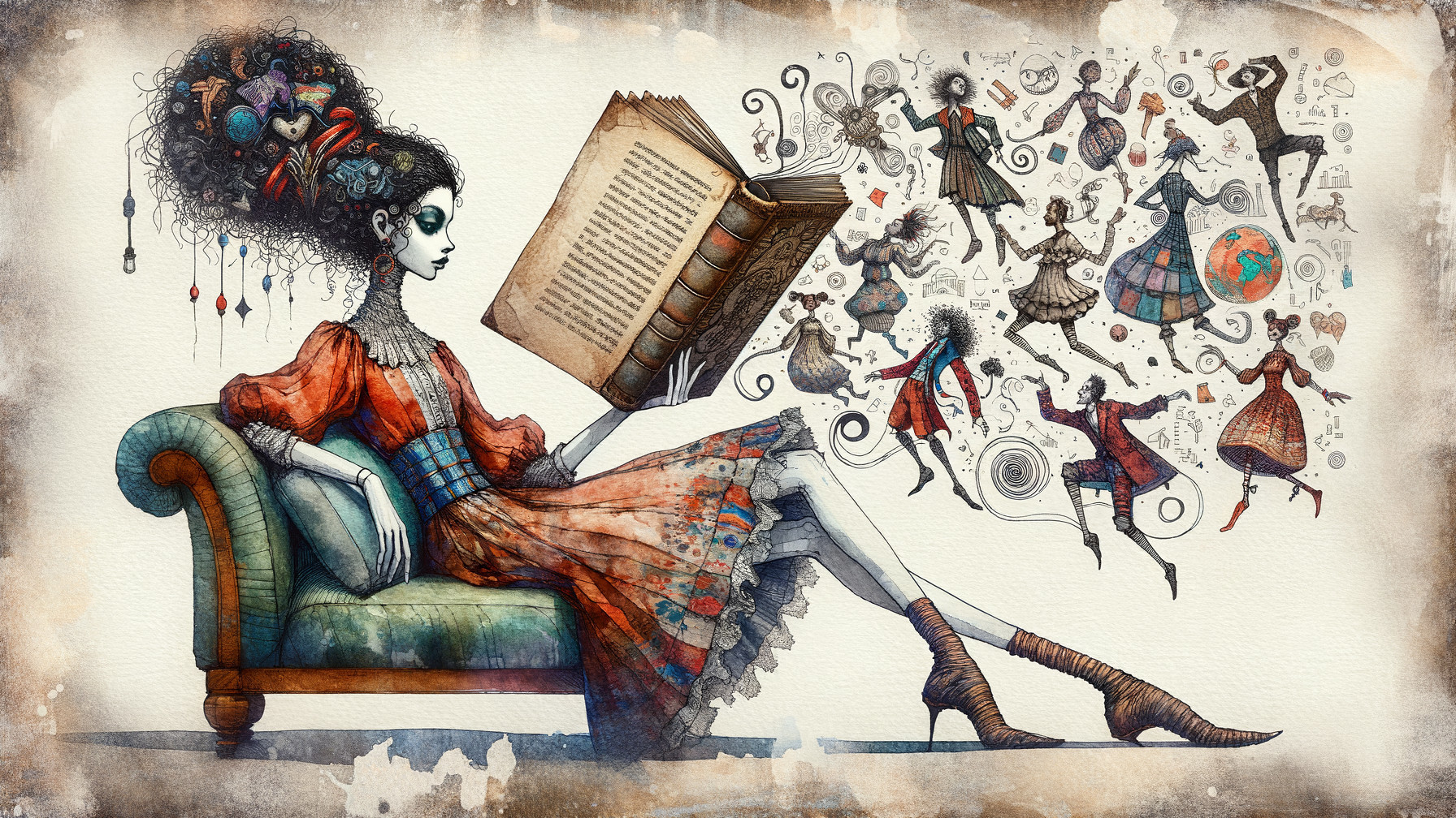 Whimsical Scene of a Woman Reading on a Couch