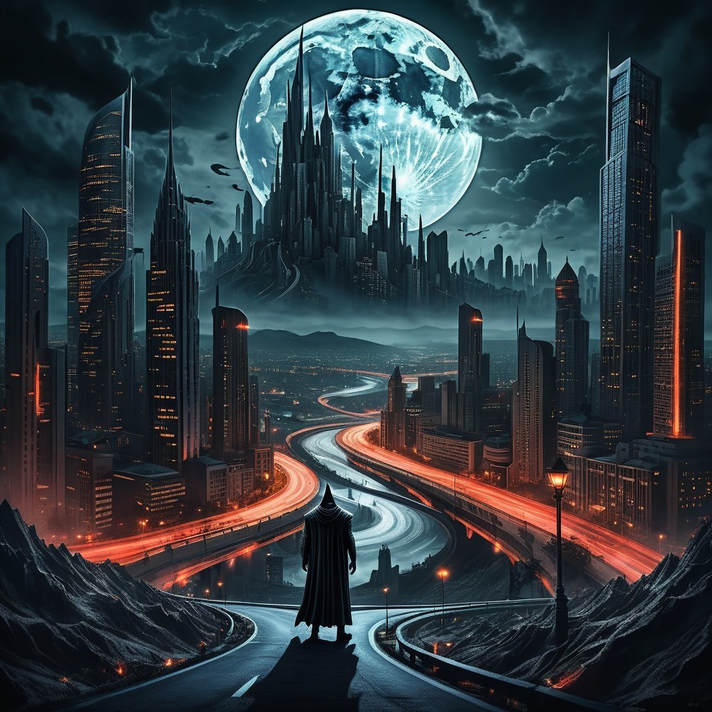 Cloaked Figure Overlooking Futuristic City at Night