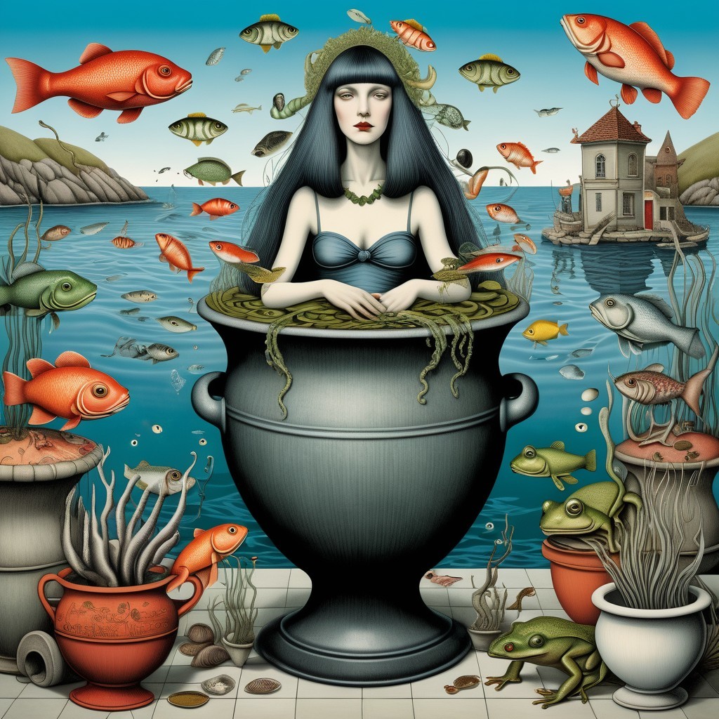 Whimsical Scene of Woman, Fish, and Seaside Cottage