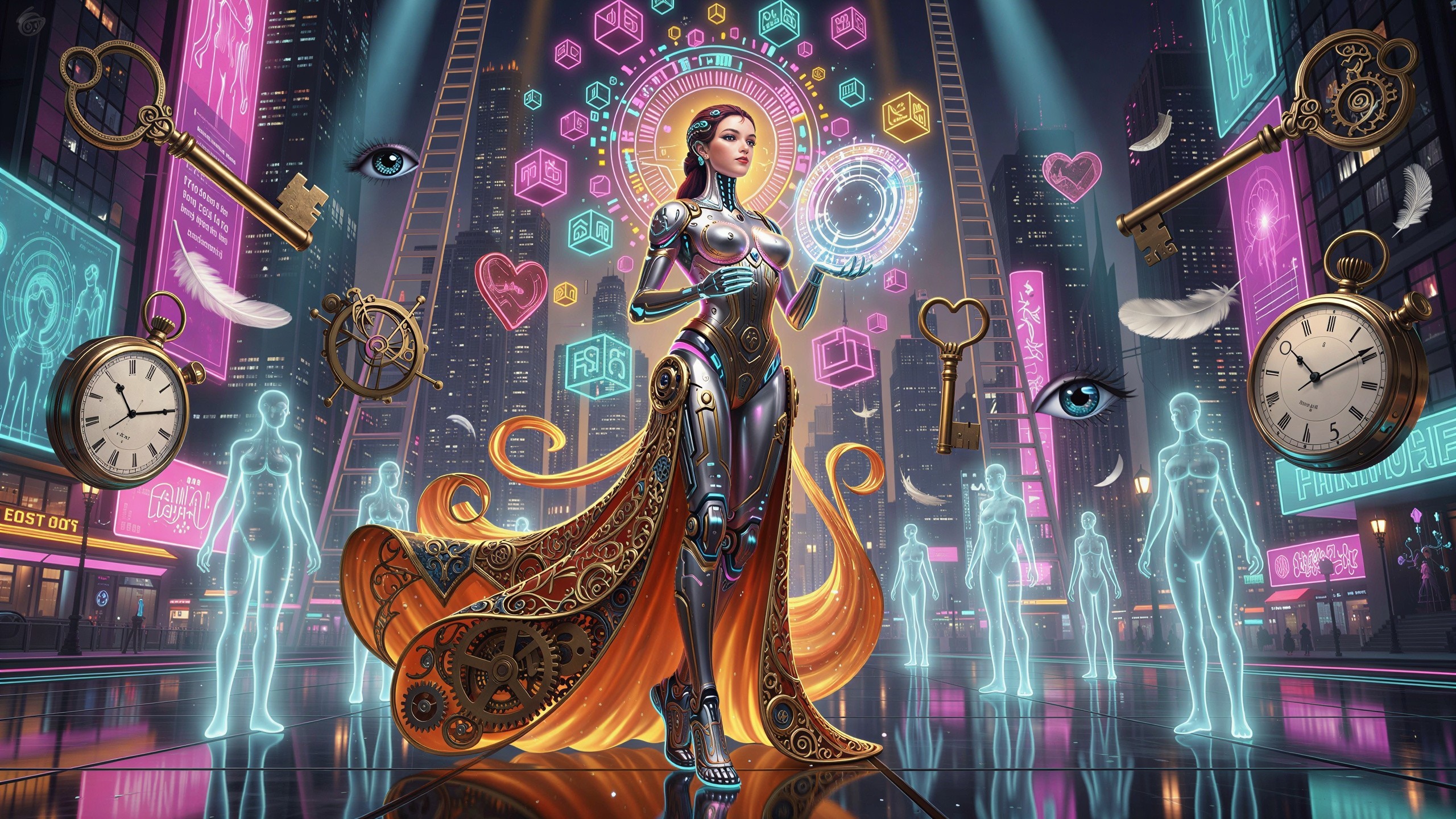 Detailed Digital Illustration of a Female Cyborg in City