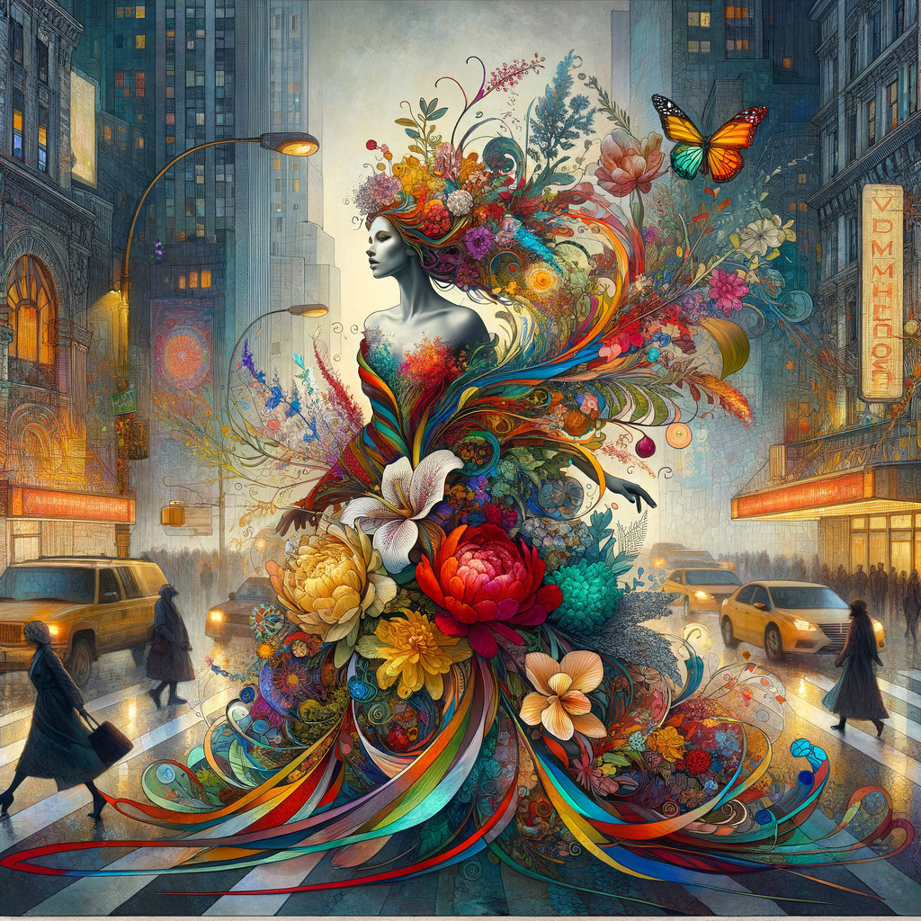 Surreal Cityscape with Floral Gown and Butterflies