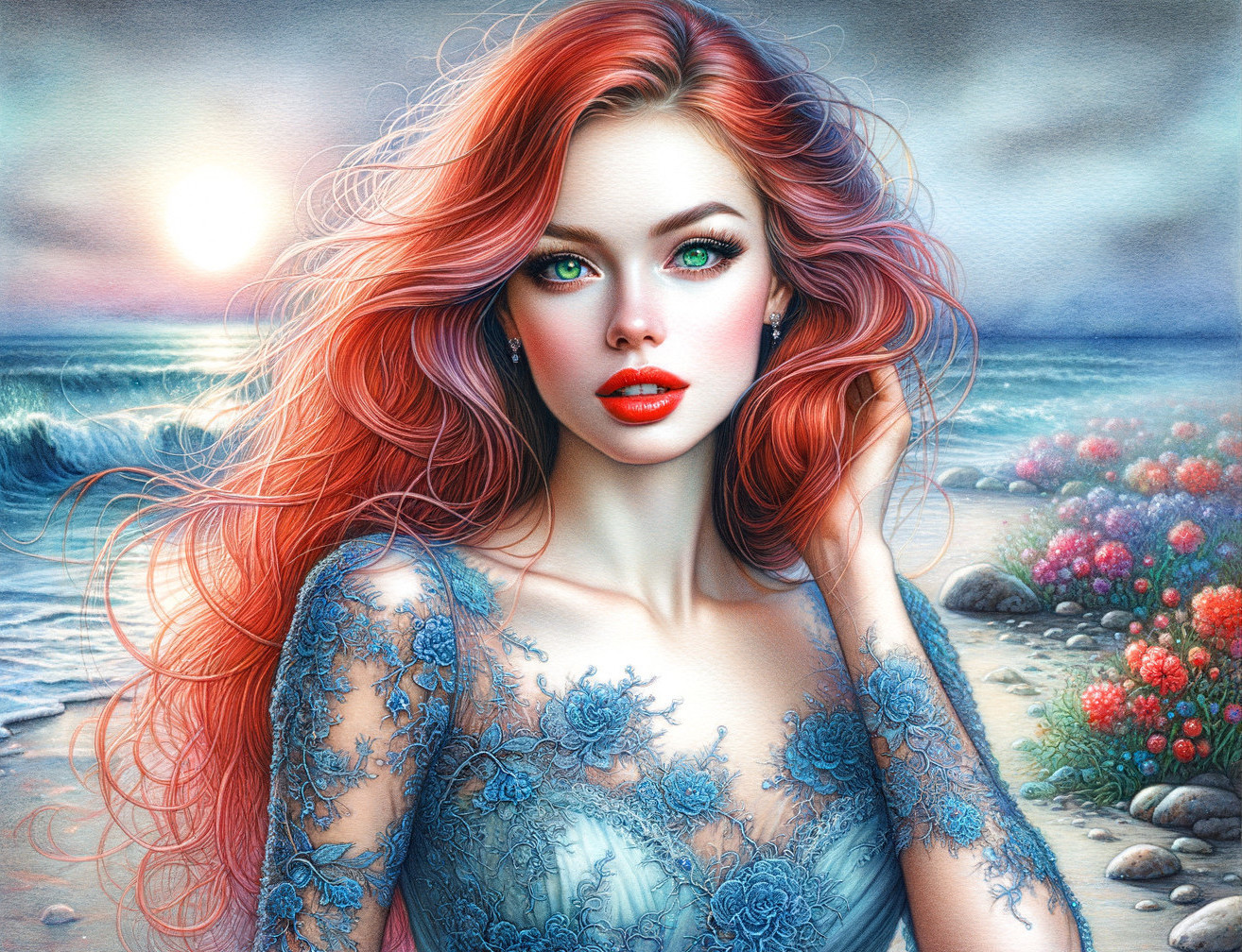 Stunning Woman with Red Hair at Beach Sunset