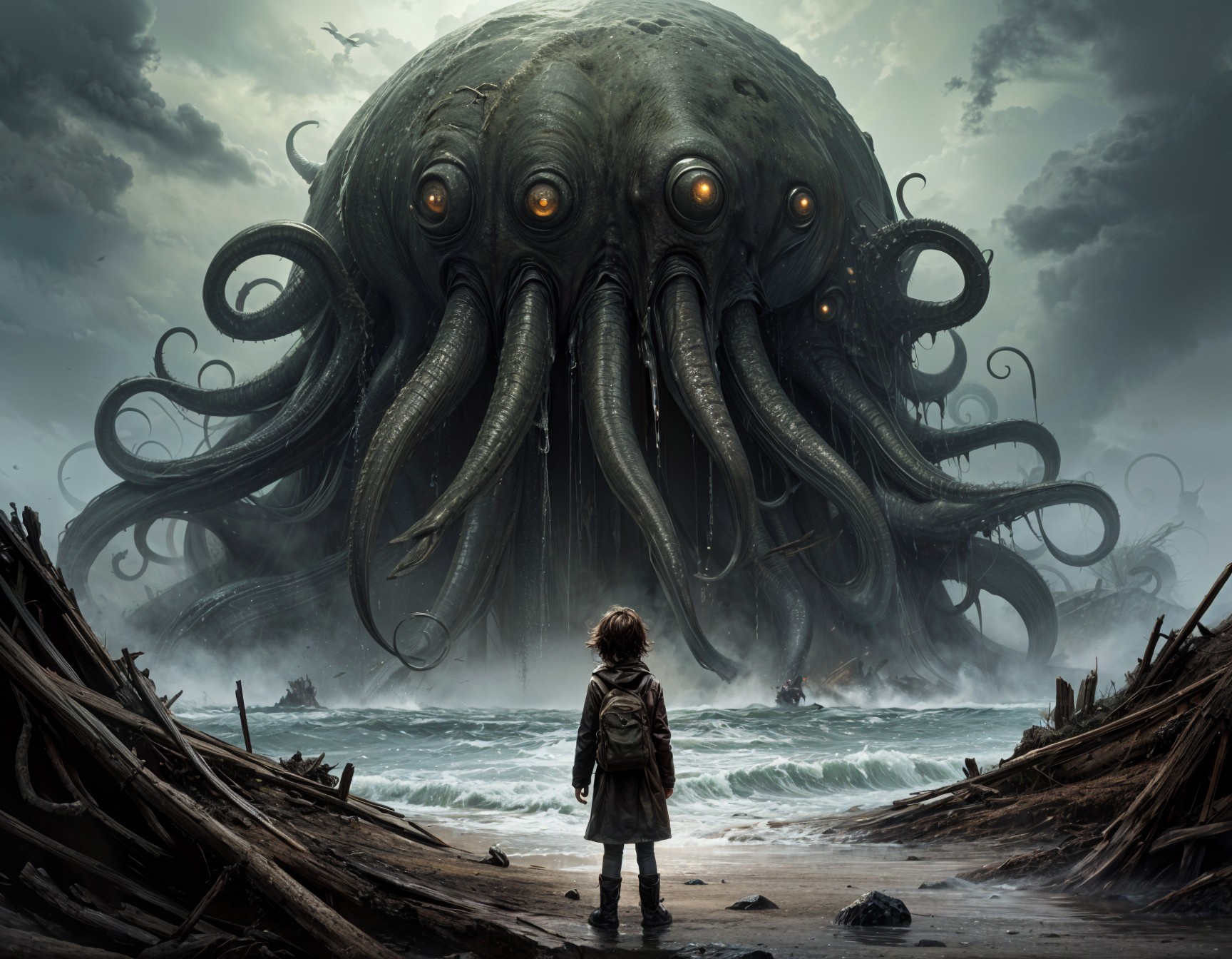 Child at Foggy Shore Staring at Giant Creature