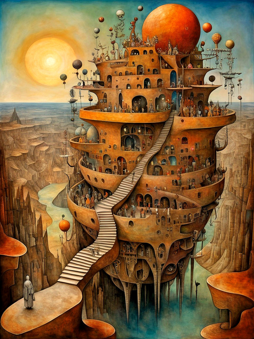 Surreal landscape with a multi-leveled castle structure