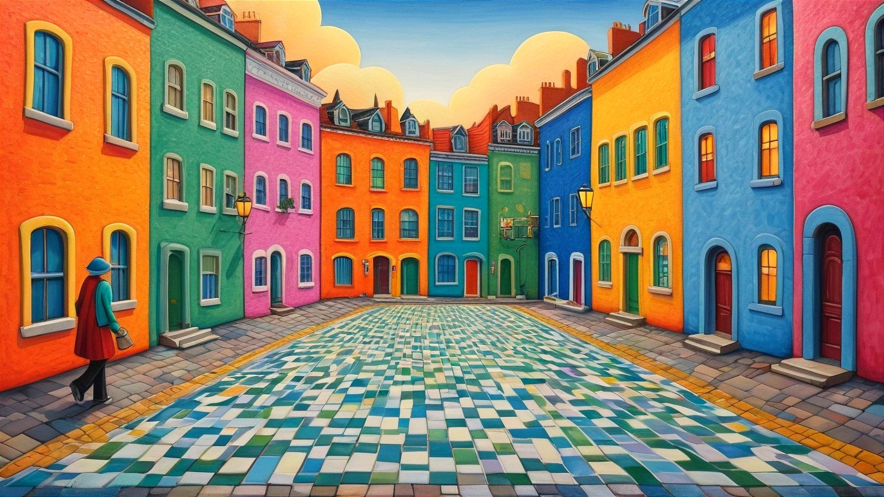 Vibrant Street Scene with Colorful Buildings and Cobblestones