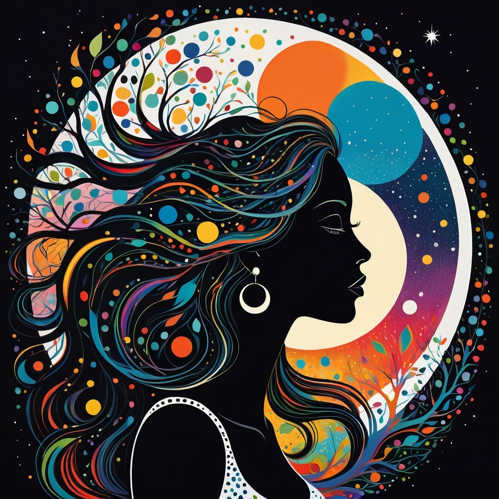 Silhouette of a Woman Amidst Cosmic Colors and Nature