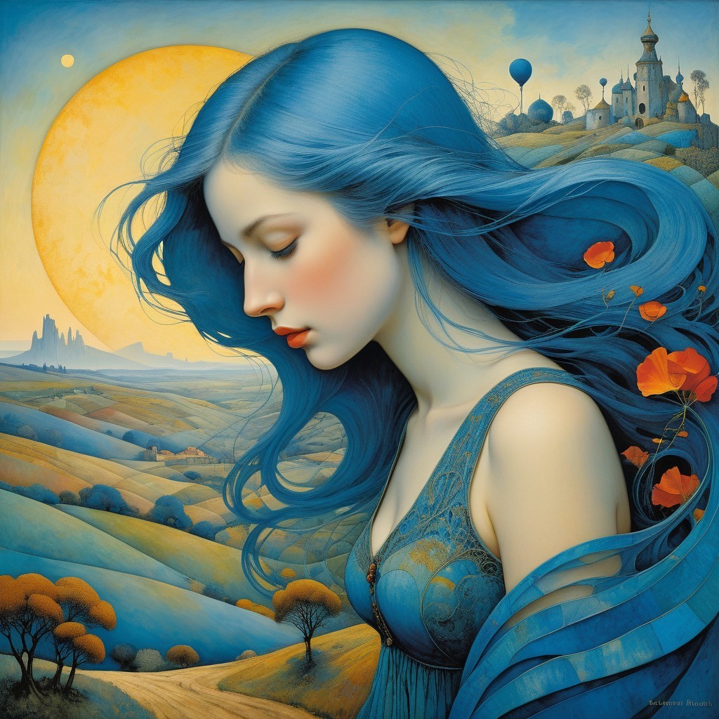 Fantastical Landscape with Woman and Sunset Elements